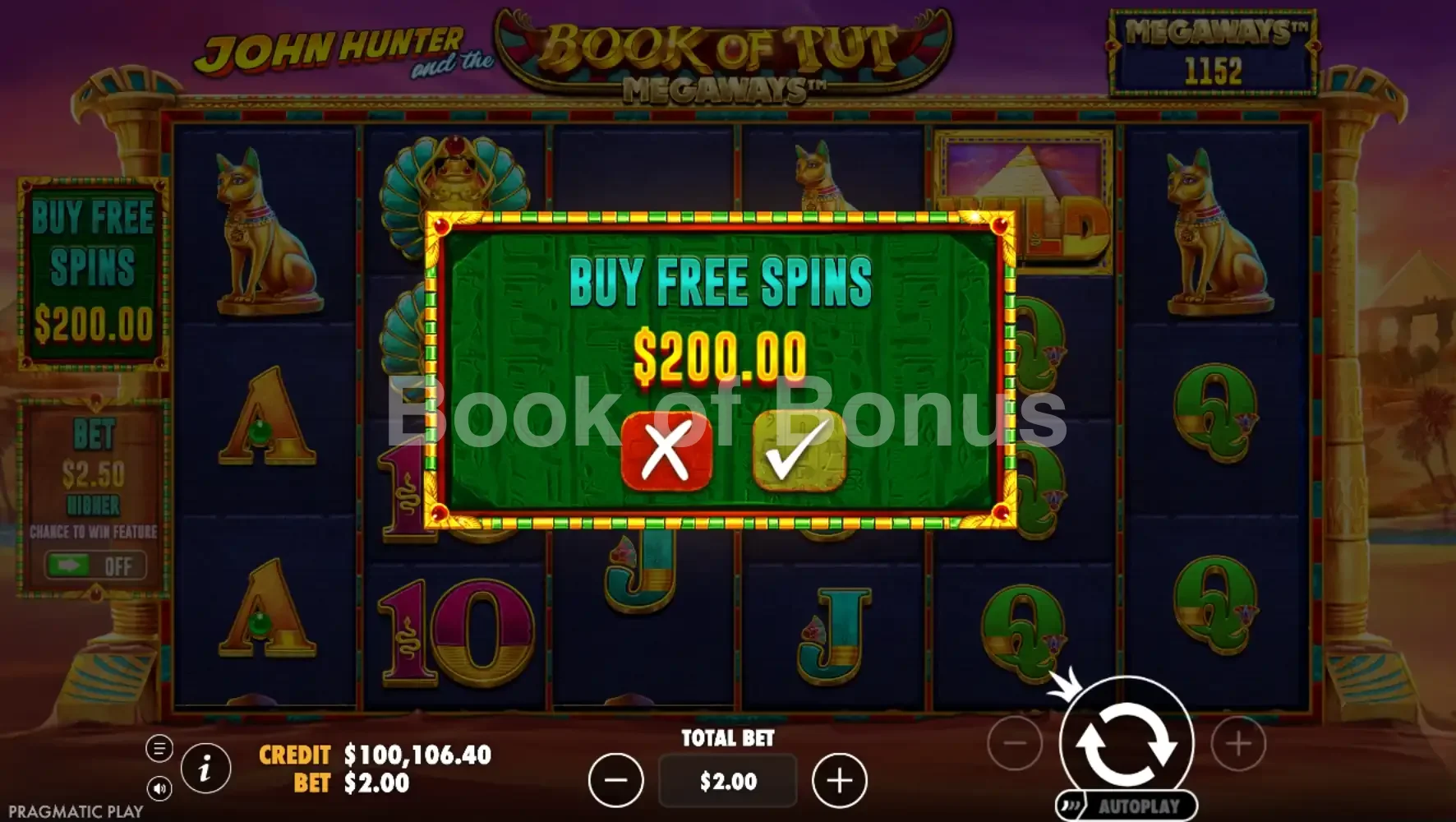 John Hunter and the Book of Tut Megaways par Pragmatic Play - menu d'achat de bonus et options