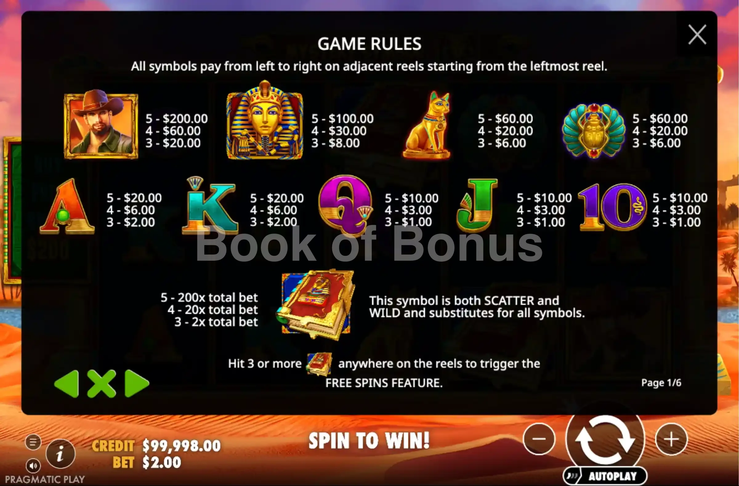 John Hunter and the Book of Tut Respin par Pragmatic Play - table des gains et valeurs des symboles