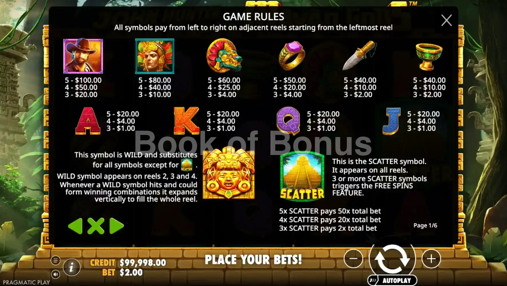 John Hunter and the Mayan Gods par Pragmatic Play - table des gains et valeurs des symboles
