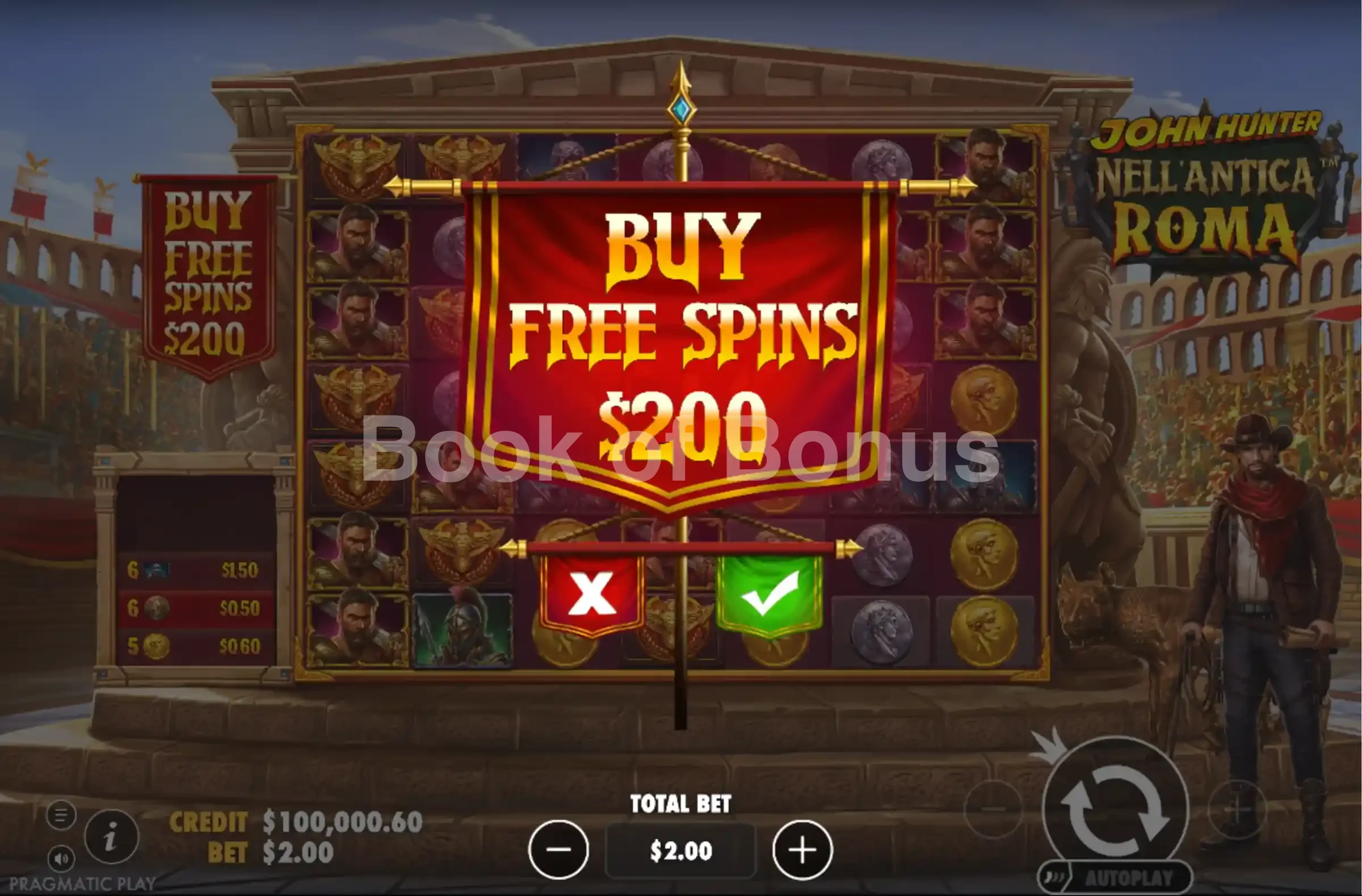 John Hunter nell'antica Roma par Pragmatic Play - menu d'achat de bonus et options