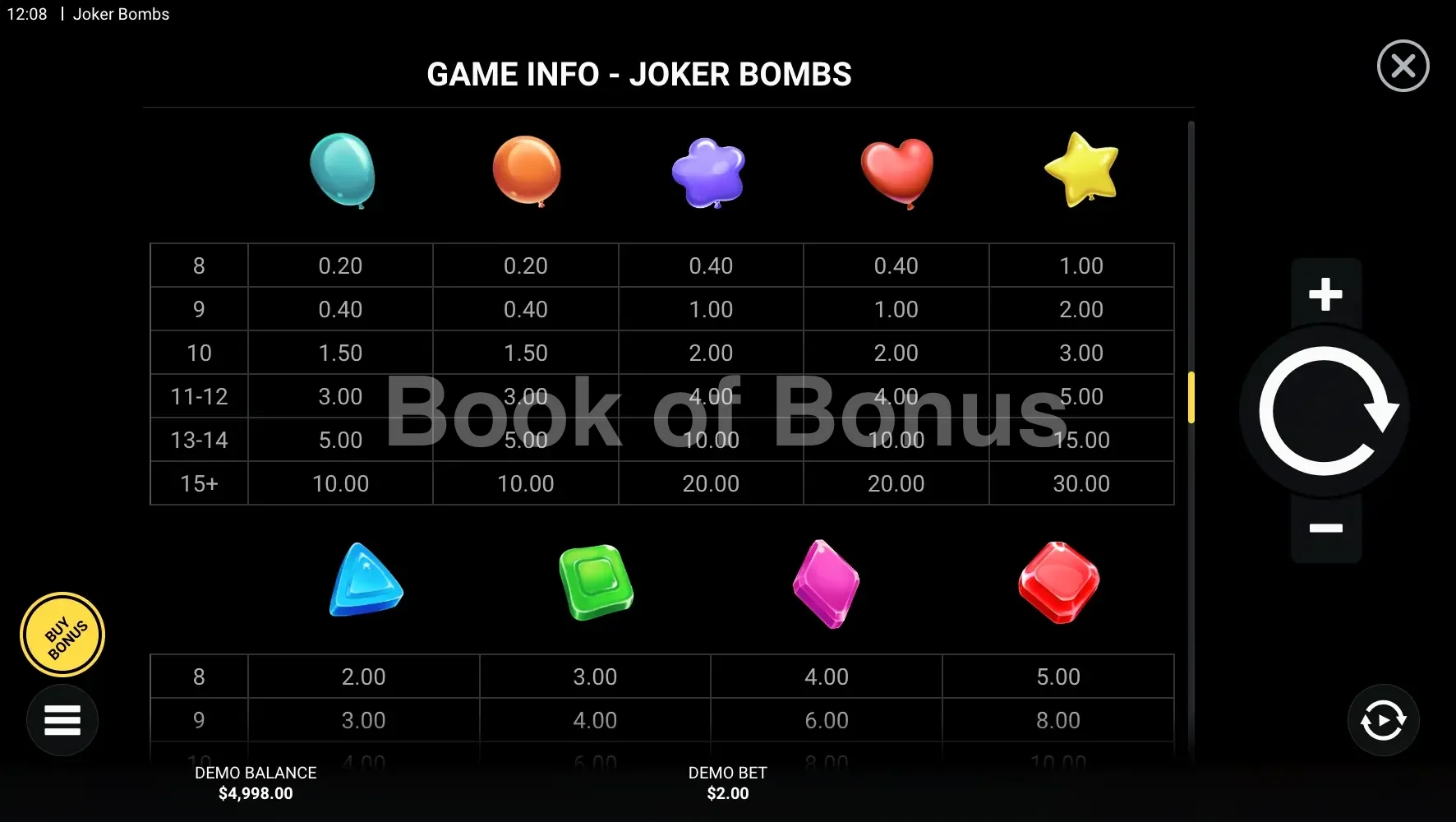 Tableau des gains Joker Bombs