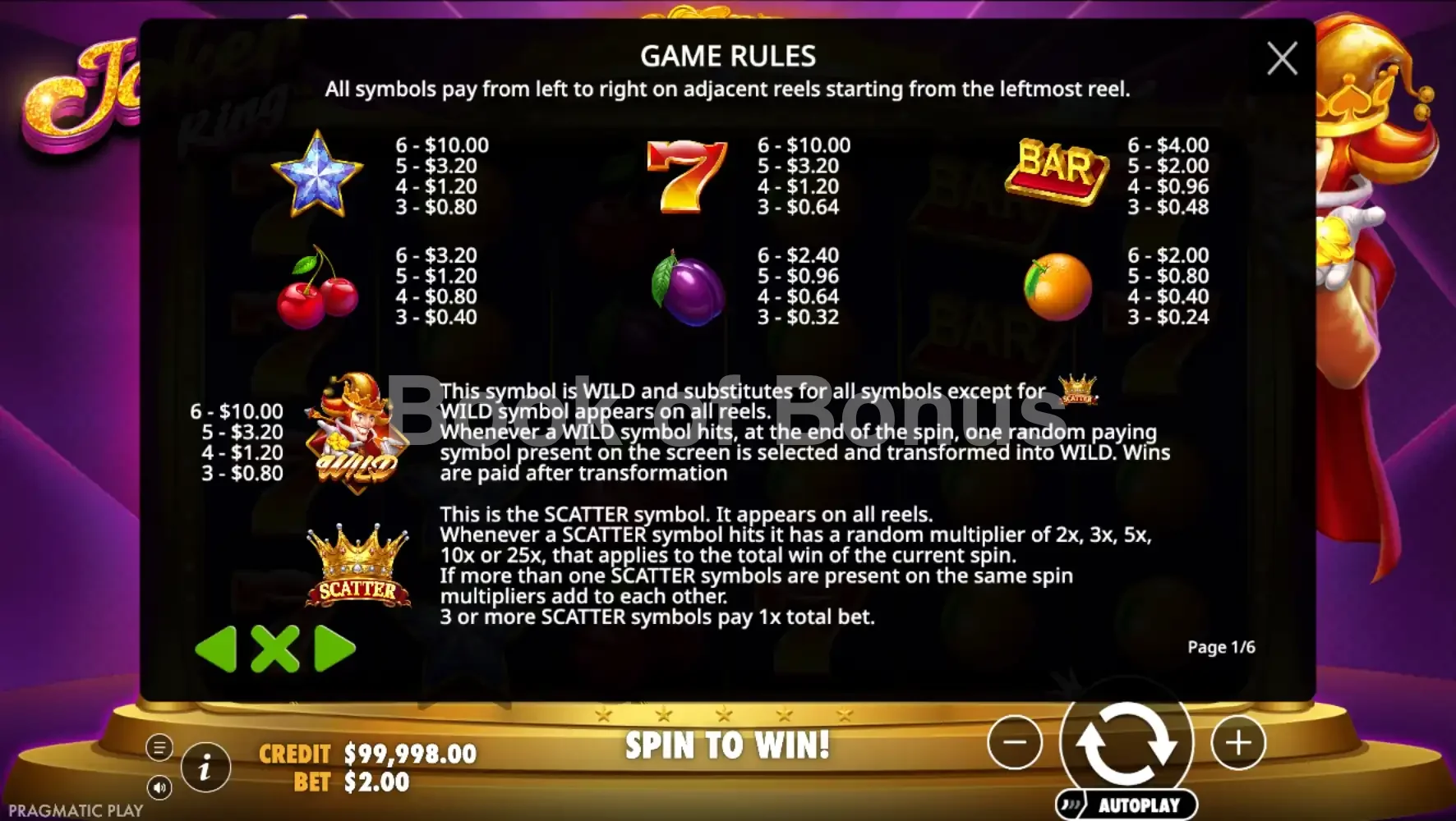 Joker King par Pragmatic Play - table des gains et valeurs des symboles