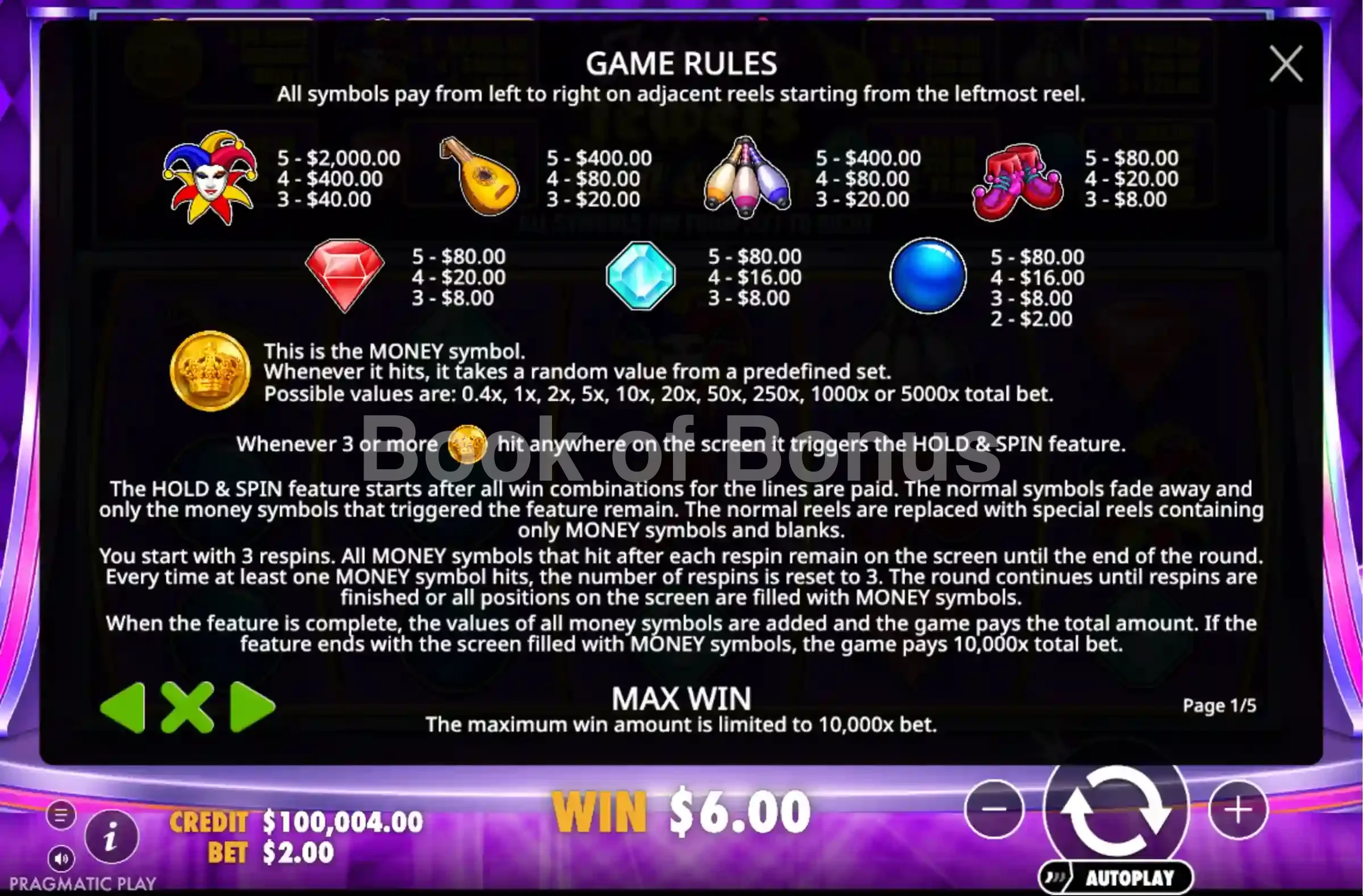 Joker’s Jewels Hold & Spin par Pragmatic Play - table des gains et valeurs des symboles