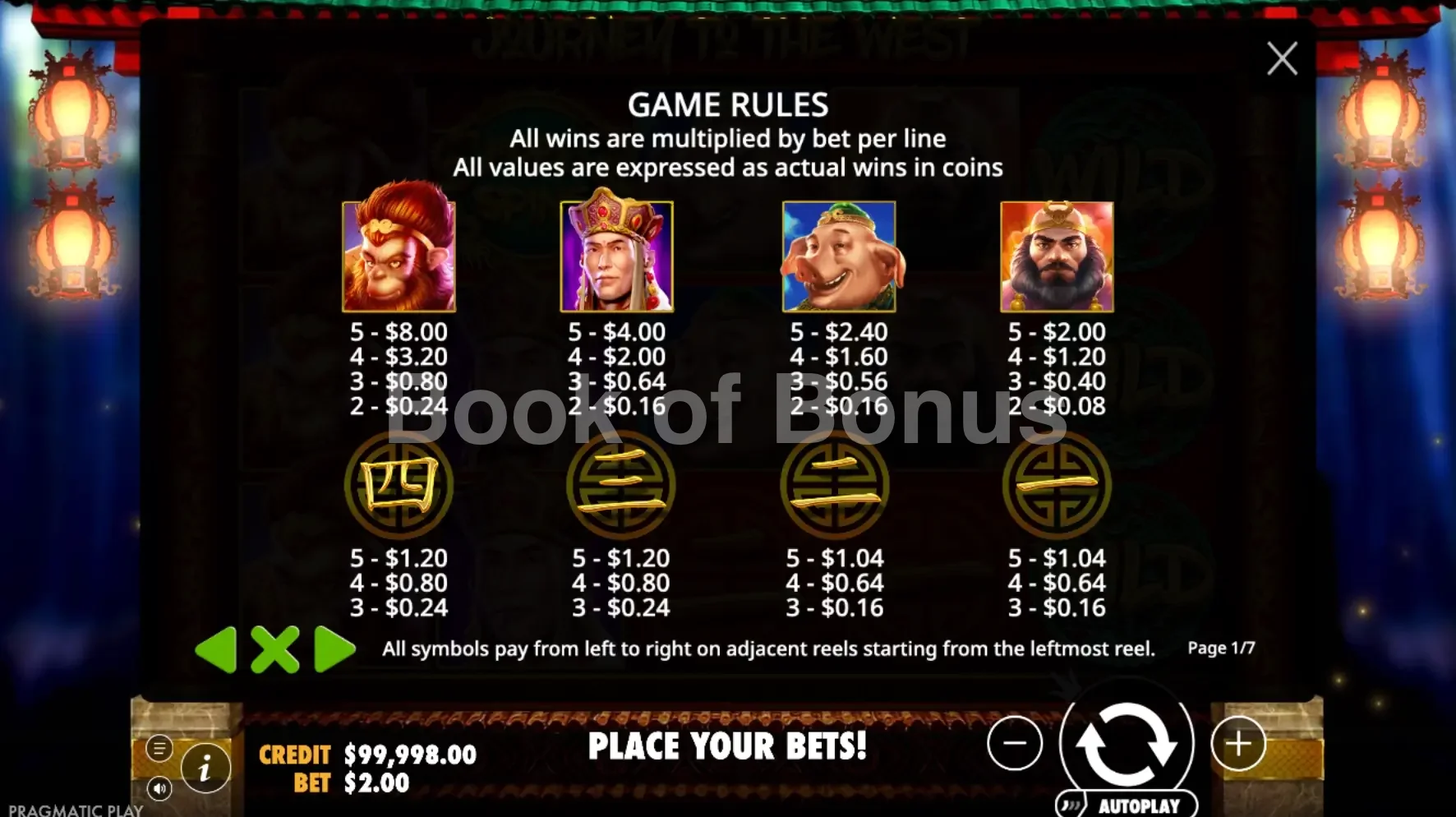 Journey to the West par Pragmatic Play - table des gains et valeurs des symboles