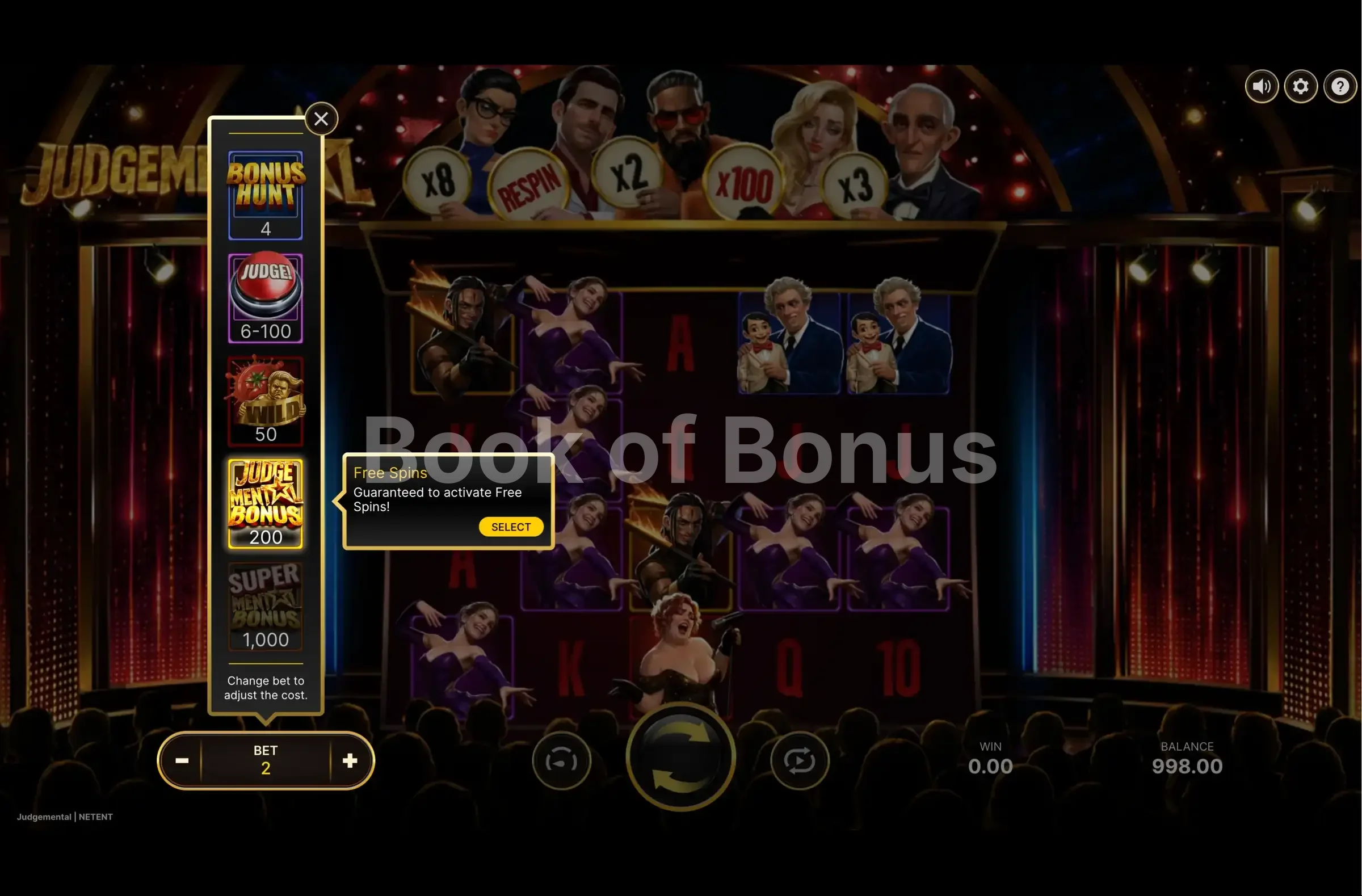 Judgemental par NetEnt - menu d'achat de bonus et options