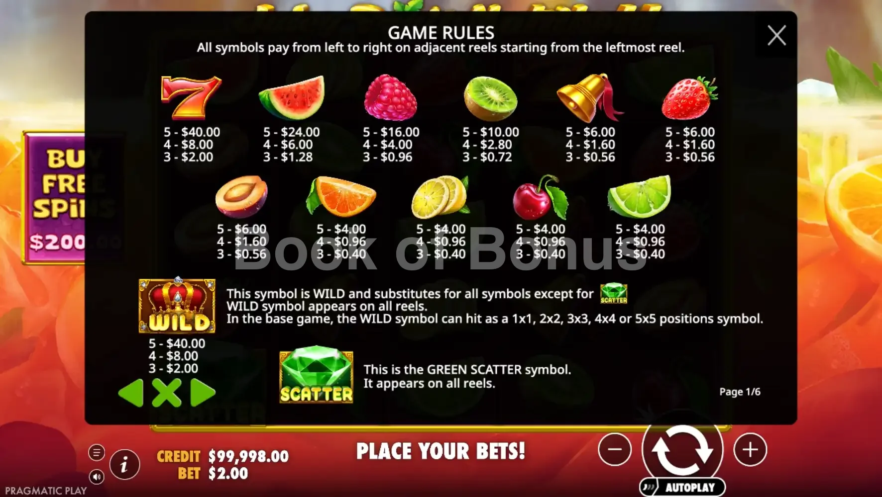 Tableau des gains Juicy Fruits Multihold