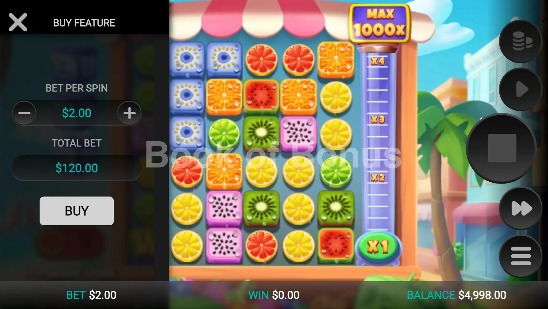 Jumbo Juicy par Relax Gaming - menu d'achat de bonus et options