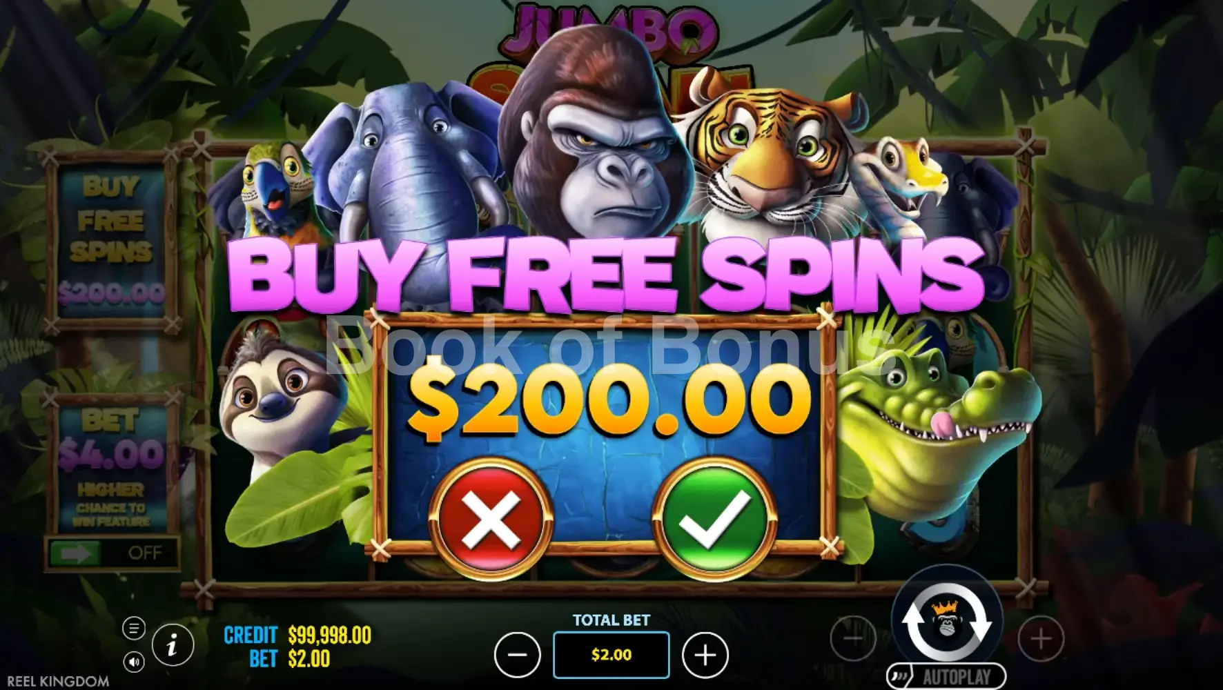 Jumbo Safari par Pragmatic Play - menu d'achat de bonus et options