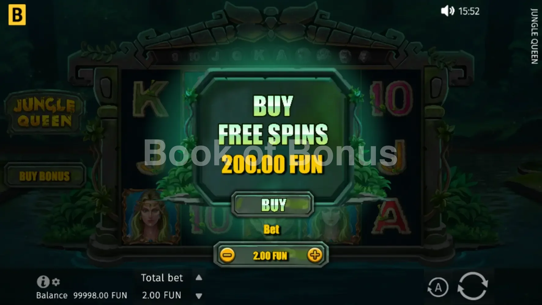 Jungle Queen par BGaming - menu d'achat de bonus et options