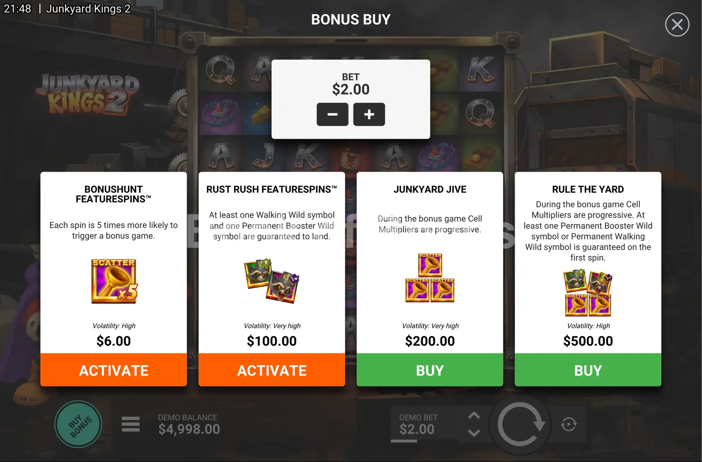Junkyard Kings 2 par Hacksaw Gaming - menu d'achat de bonus et options