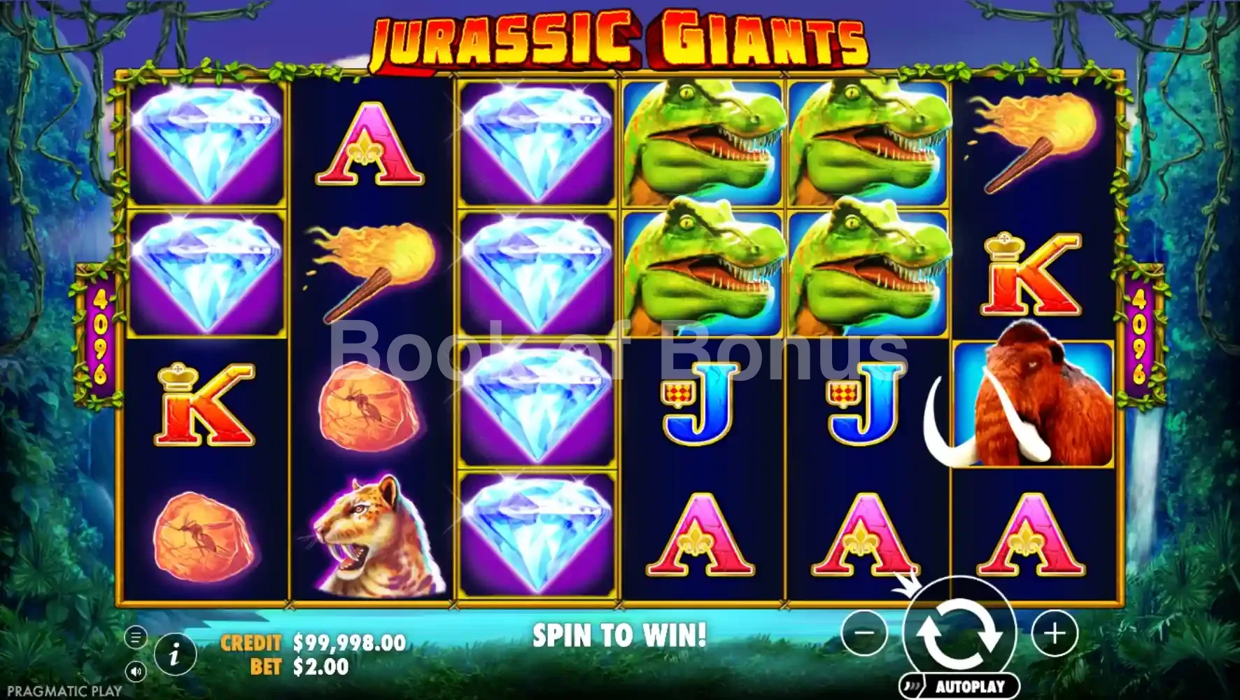 Jurassic Giants par Pragmatic Play - jeu de base et disposition des rouleaux