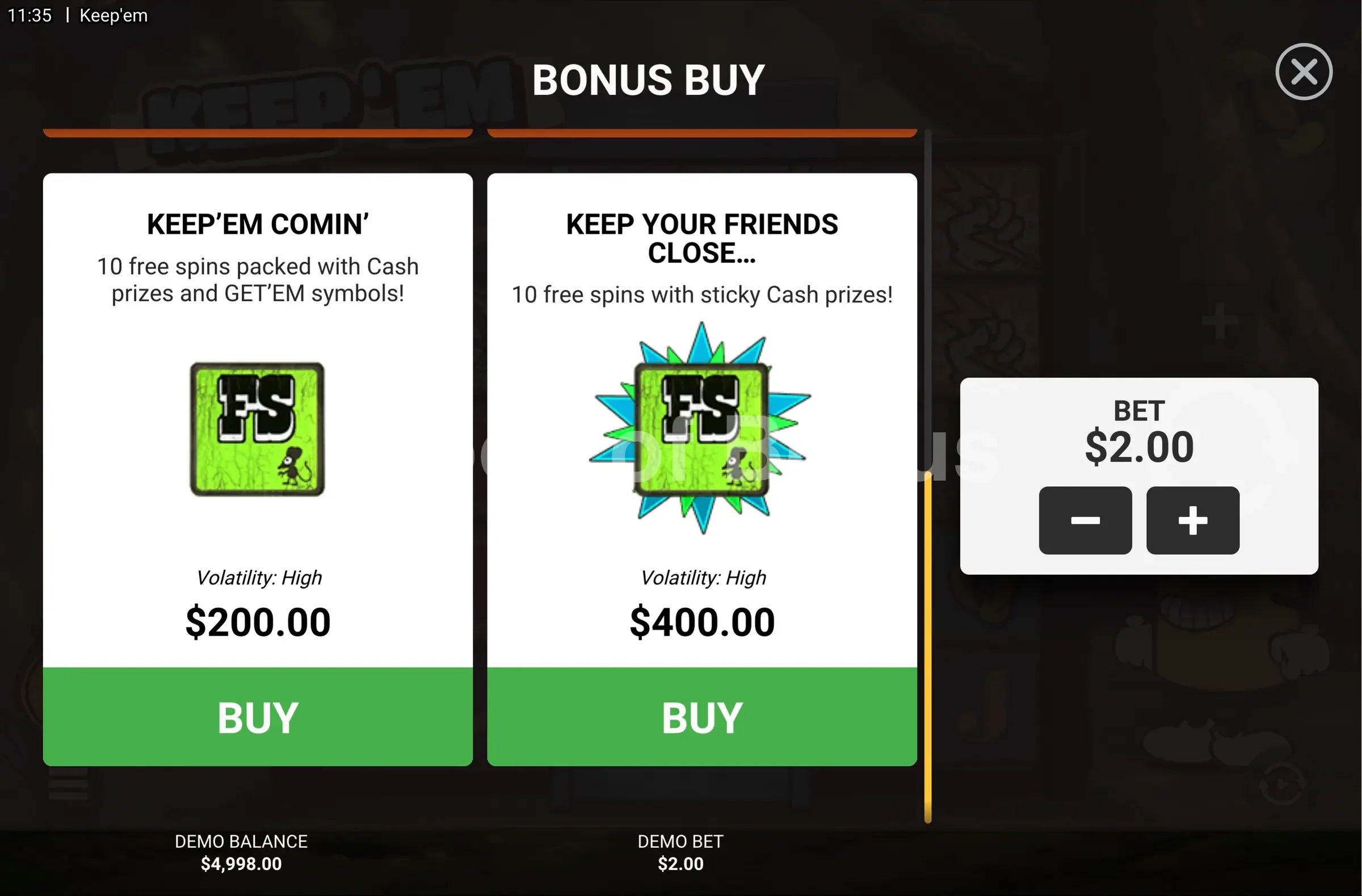 Keep 'Em par Hacksaw Gaming - menu d'achat de bonus et options
