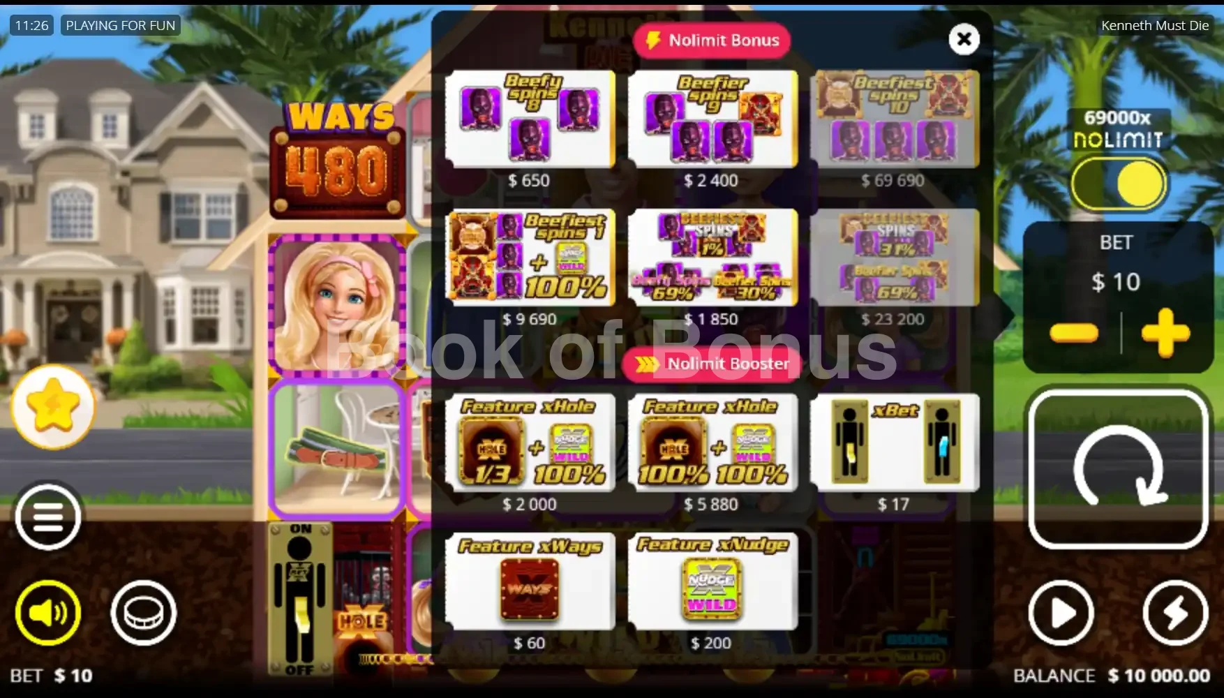 Kenneth Must Die par Nolimit City - menu d'achat de bonus et options