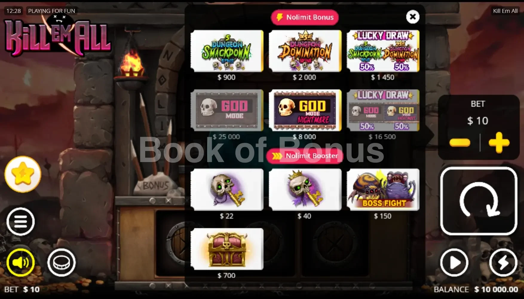 Kill Em All par Nolimit City - menu d'achat de bonus et options