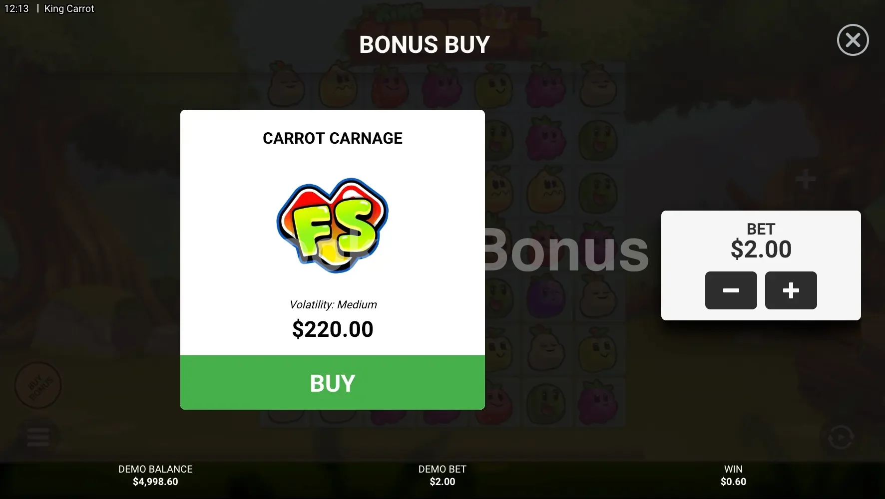 King Carrot par Hacksaw Gaming - menu d'achat de bonus et options