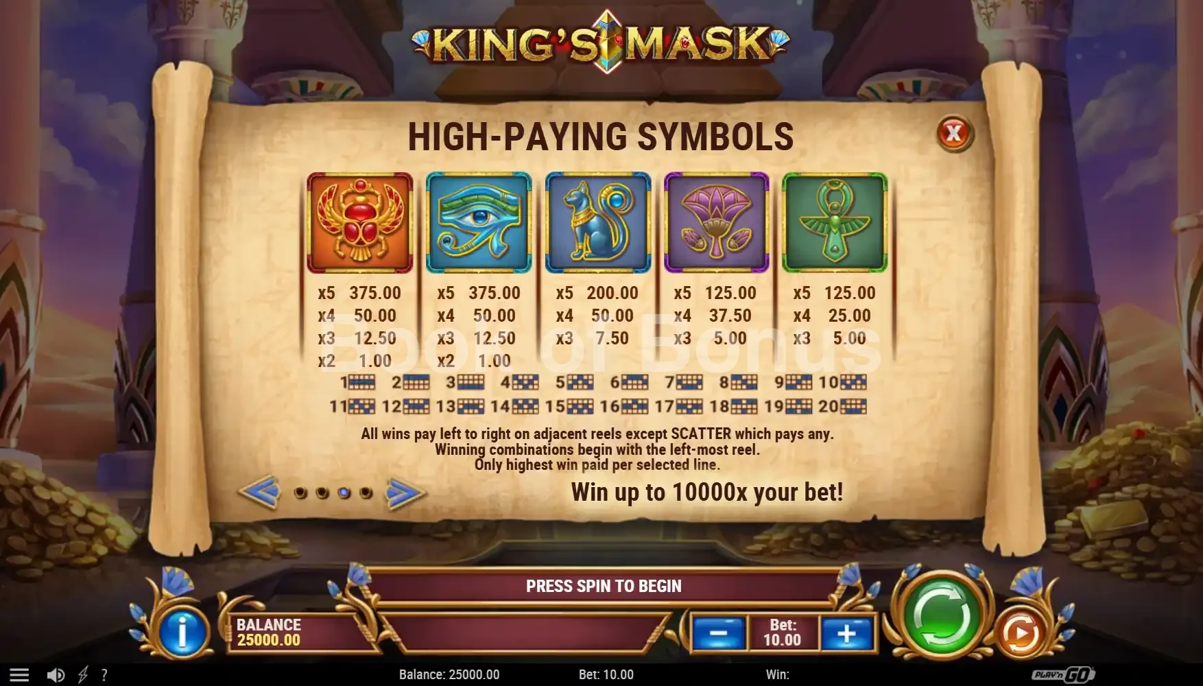 Table des paiements King's Mask