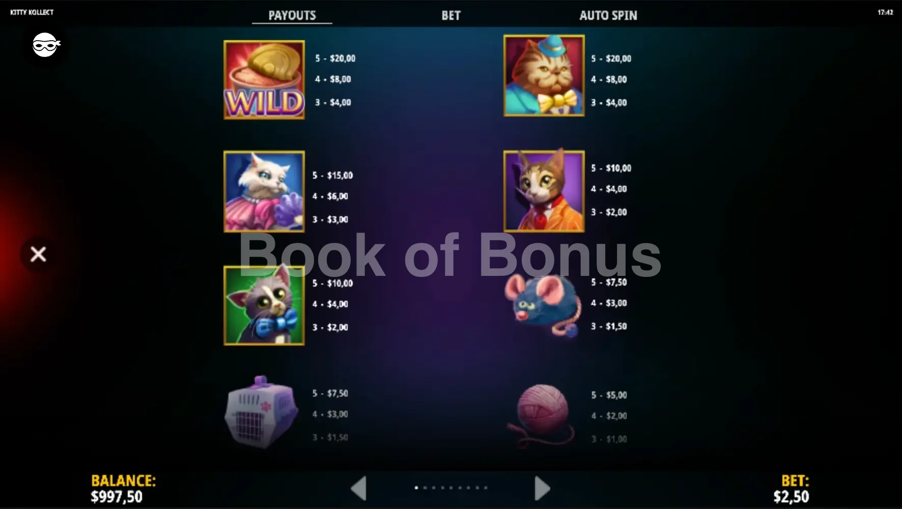 Kitty Kollect par iSoftBet - table des gains et valeurs des symboles