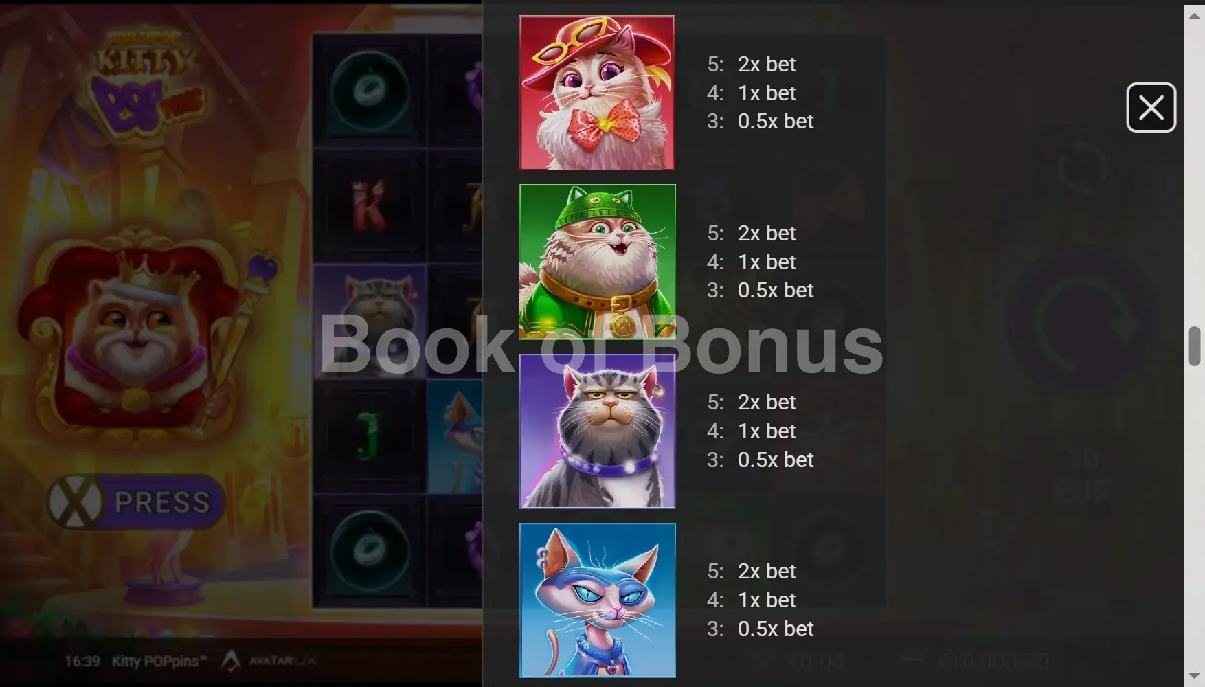 Kitty POPpins par Avatar UX - table des gains et valeurs des symboles