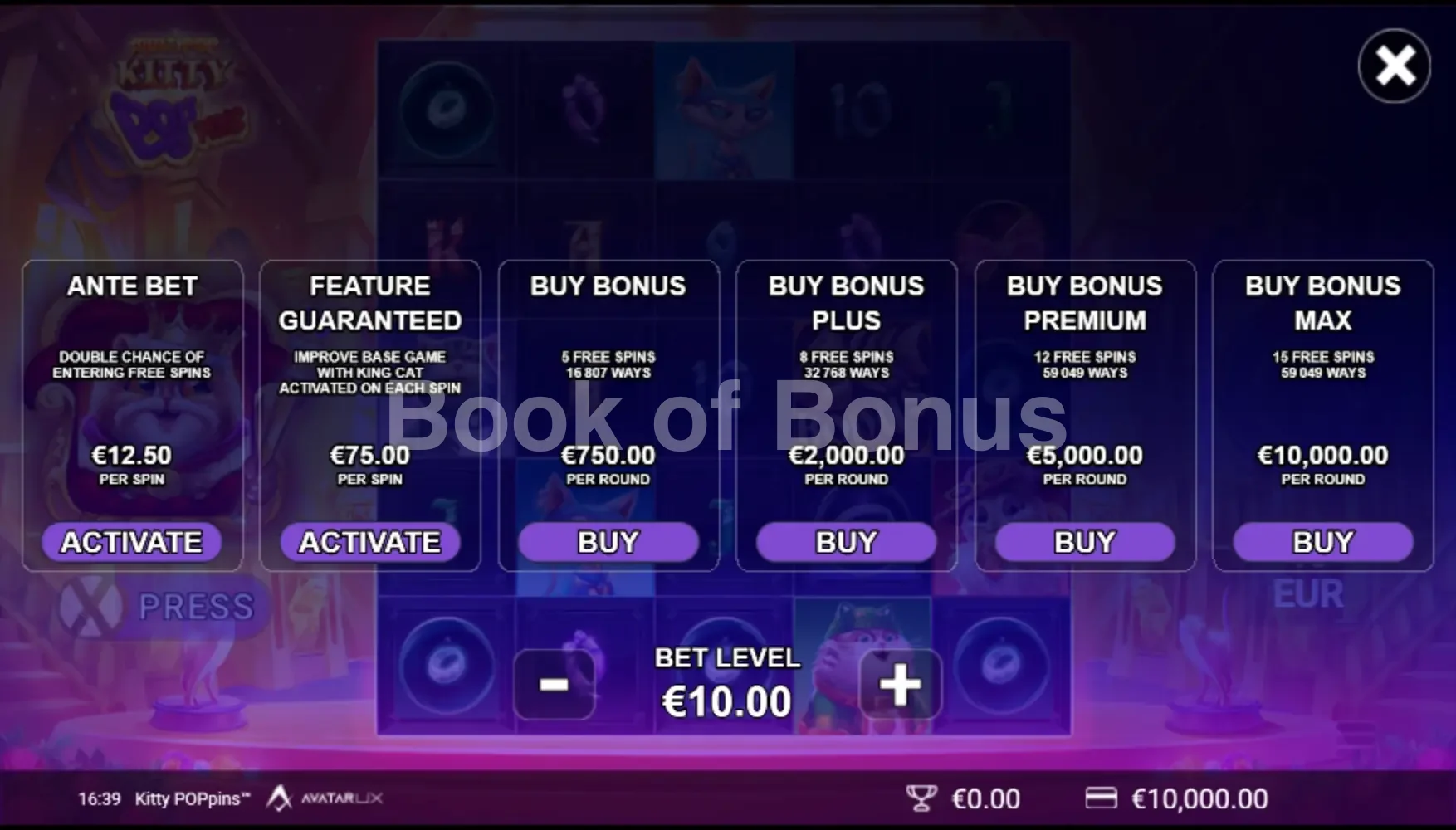 Kitty POPpins par Avatar UX - menu d'achat de bonus et options