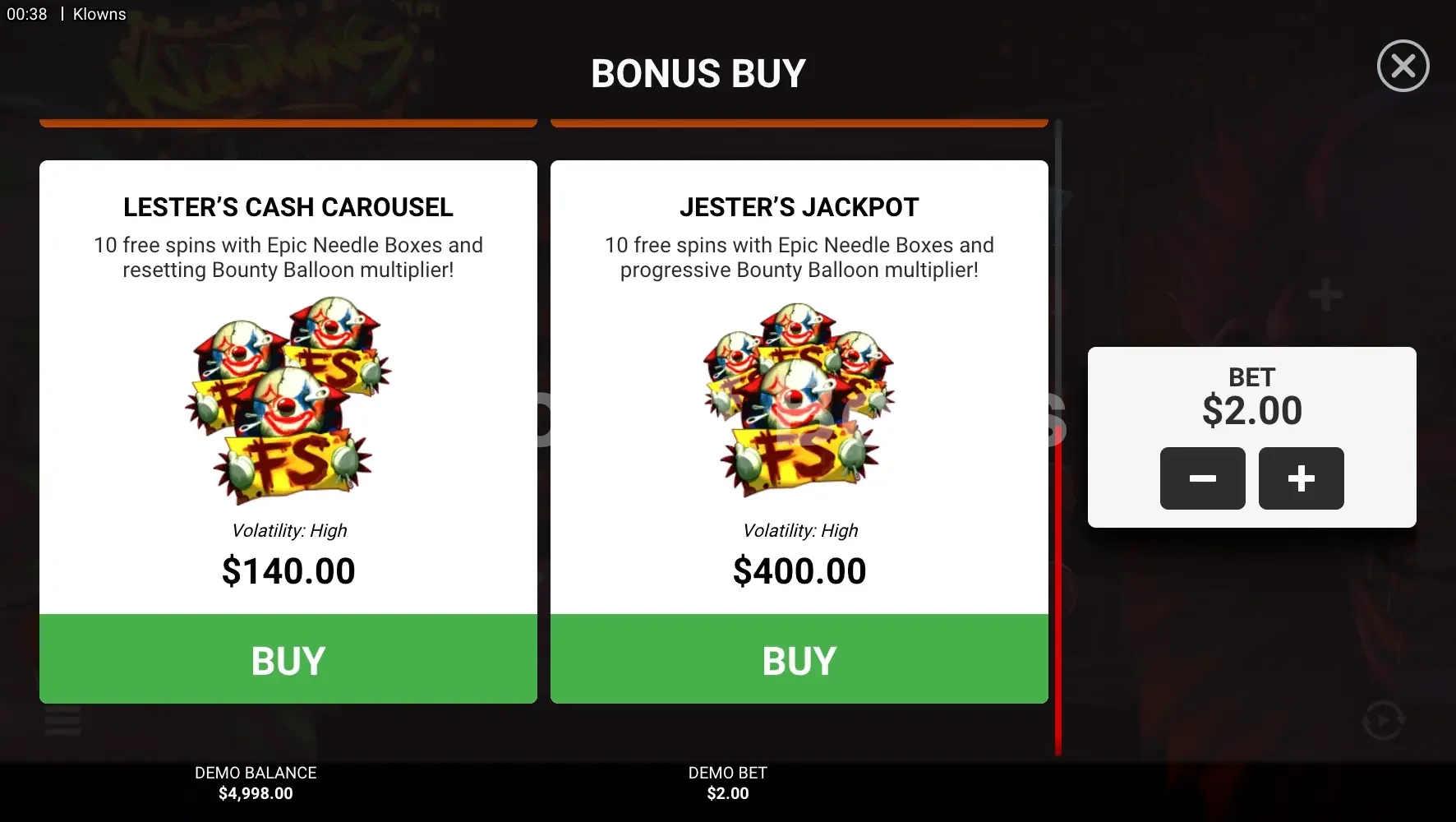 Klowns par Hacksaw Gaming - menu d'achat de bonus et options