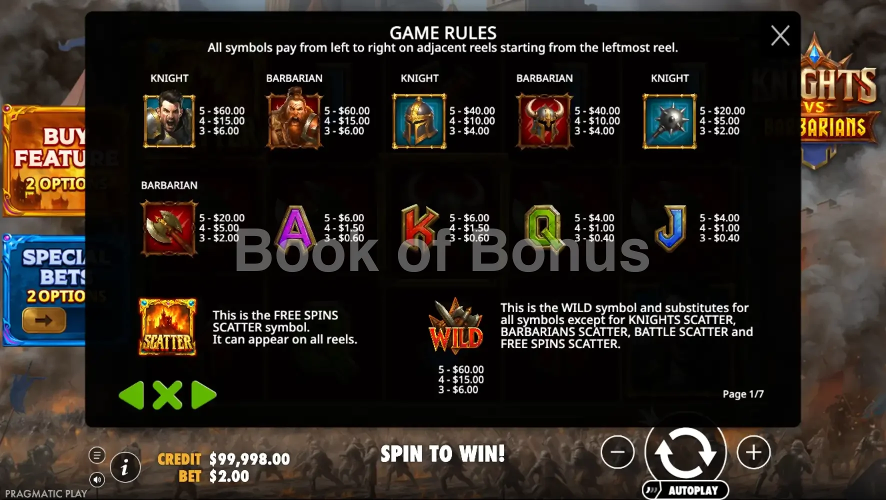 Knights vs Barbarians par Pragmatic Play - table des gains et valeurs des symboles