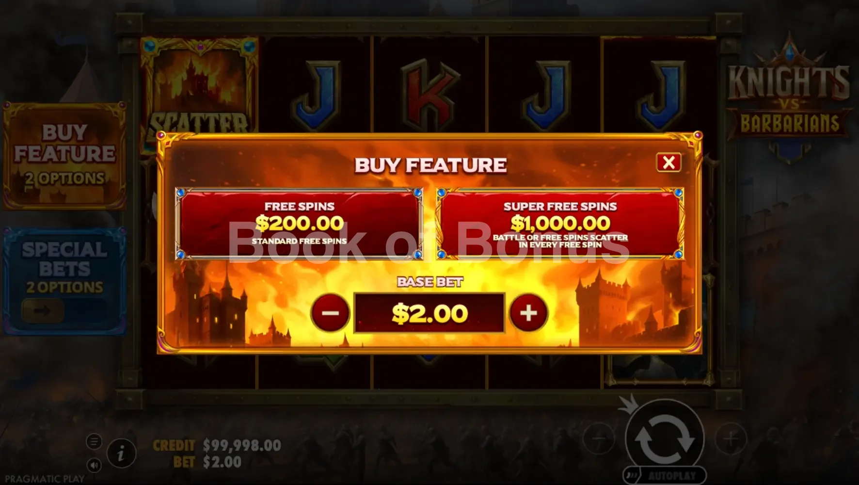 Knights vs Barbarians par Pragmatic Play - menu d'achat de bonus et options