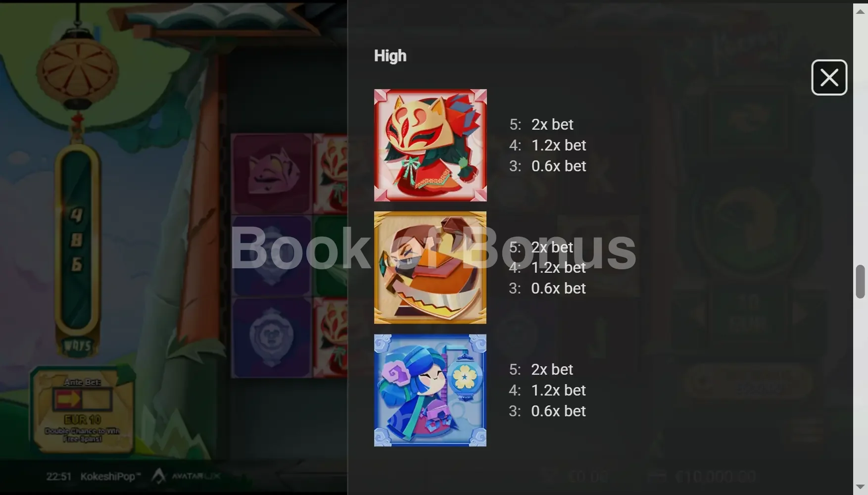 KokeshiPop par Avatar UX - table des gains et valeurs des symboles