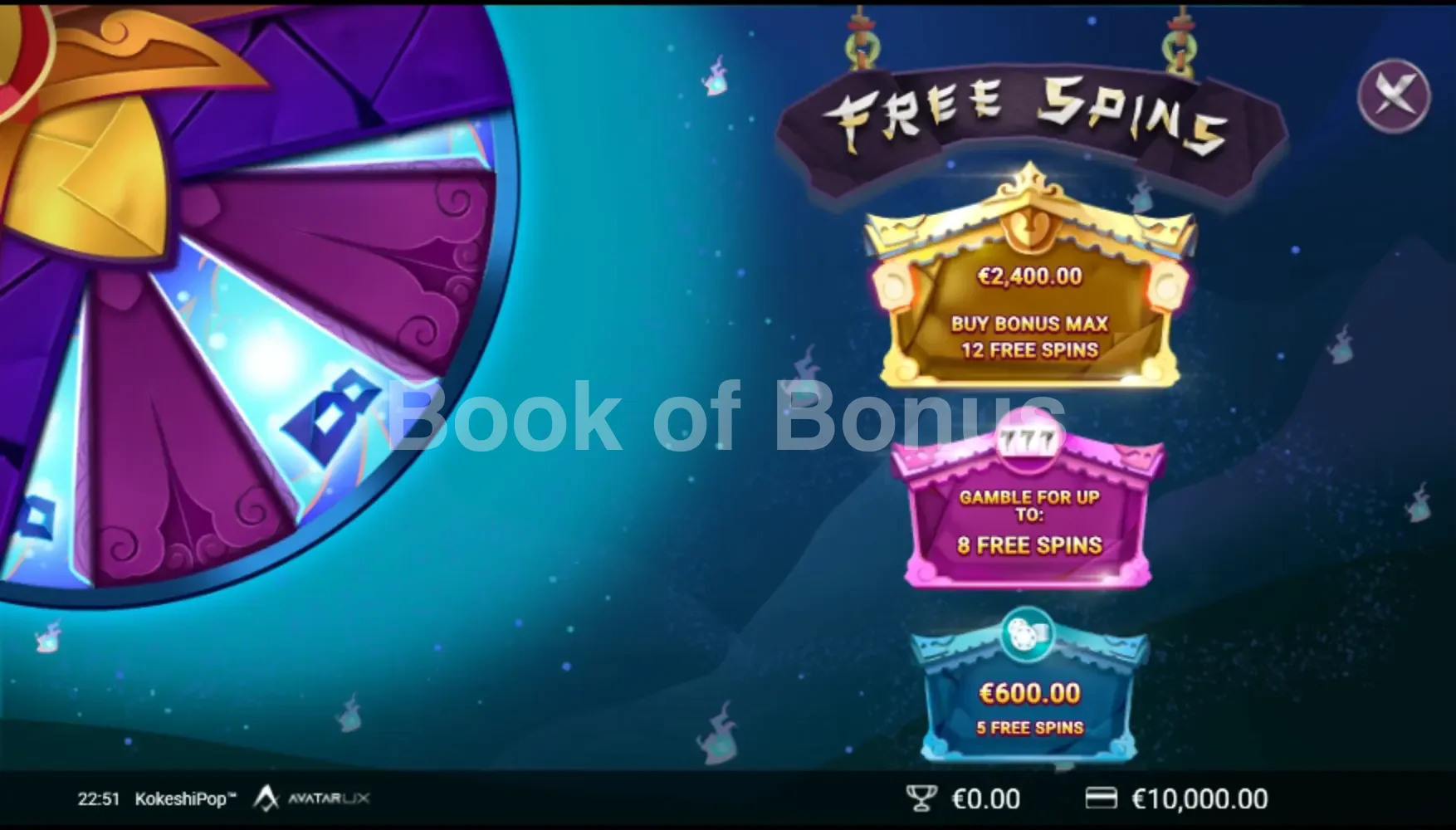 KokeshiPop par Avatar UX - menu d'achat de bonus et options