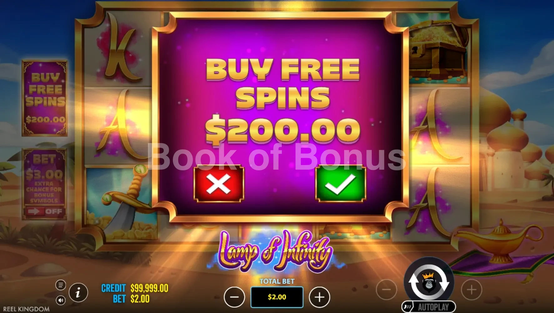 Lamp Of Infinity par Reel Kingdom - menu d'achat de bonus et options
