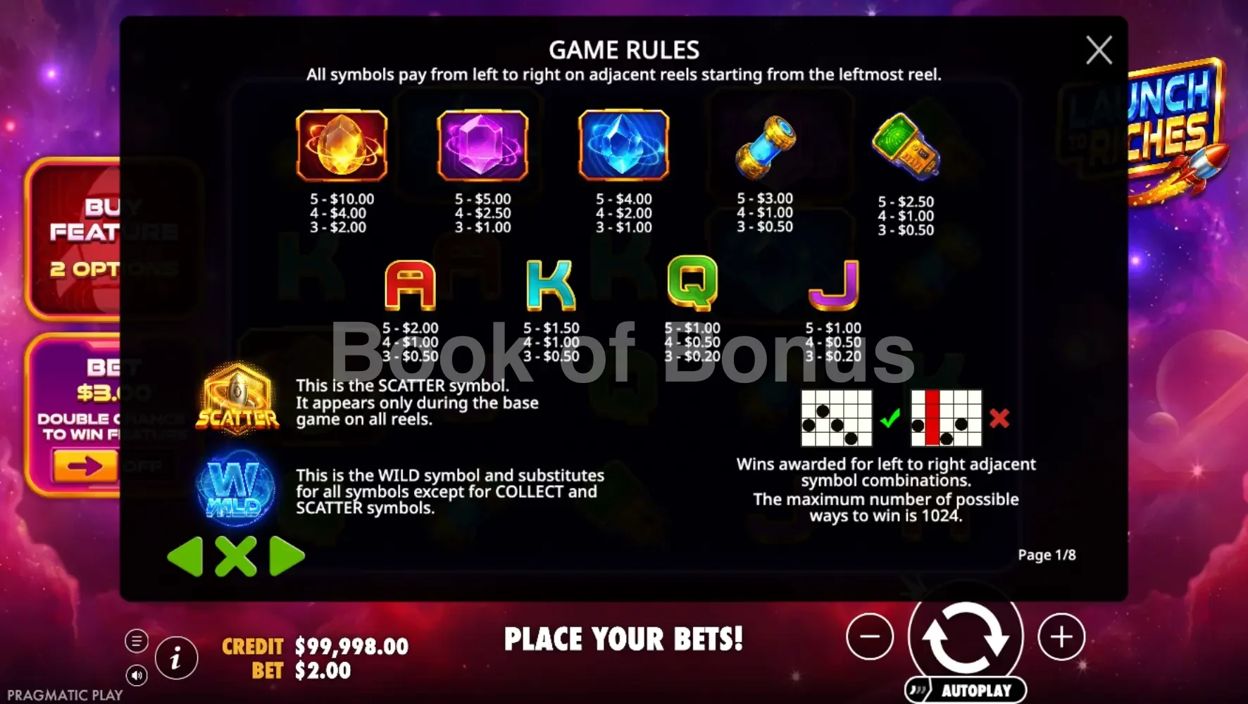 Launch to Riches par Pragmatic Play - table des gains et valeurs des symboles