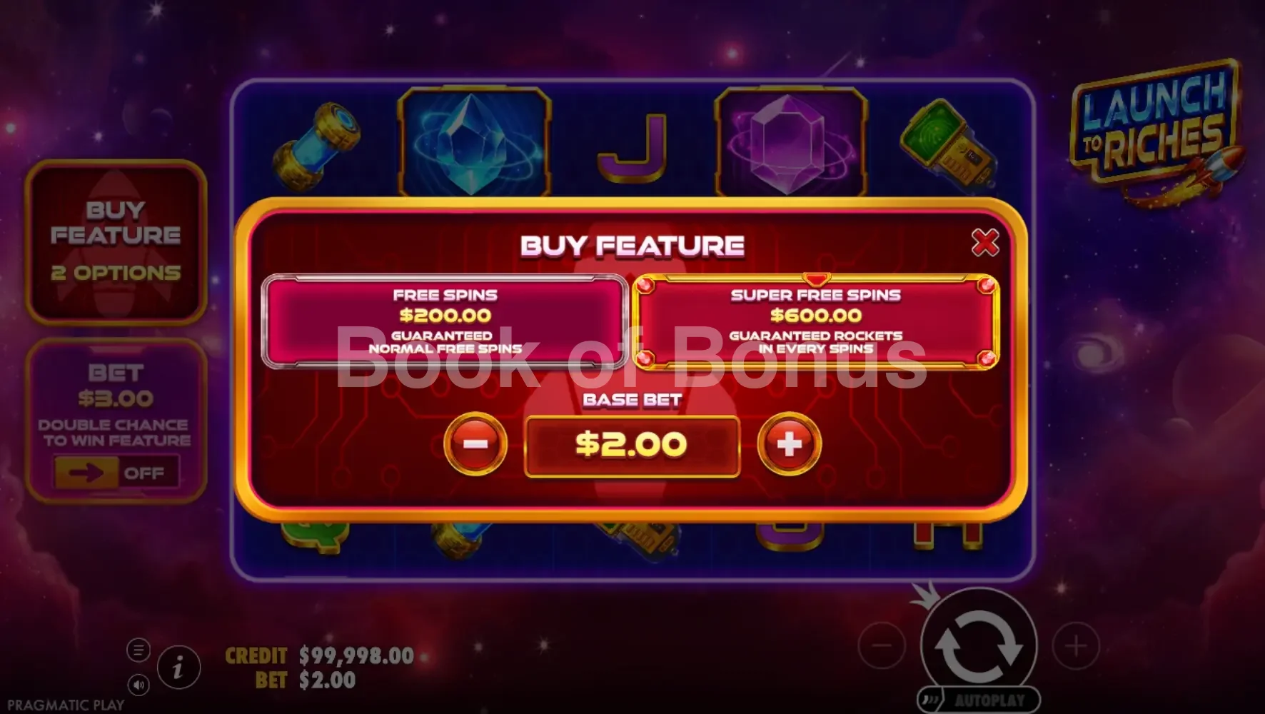 Launch to Riches par Pragmatic Play - menu d'achat de bonus et options