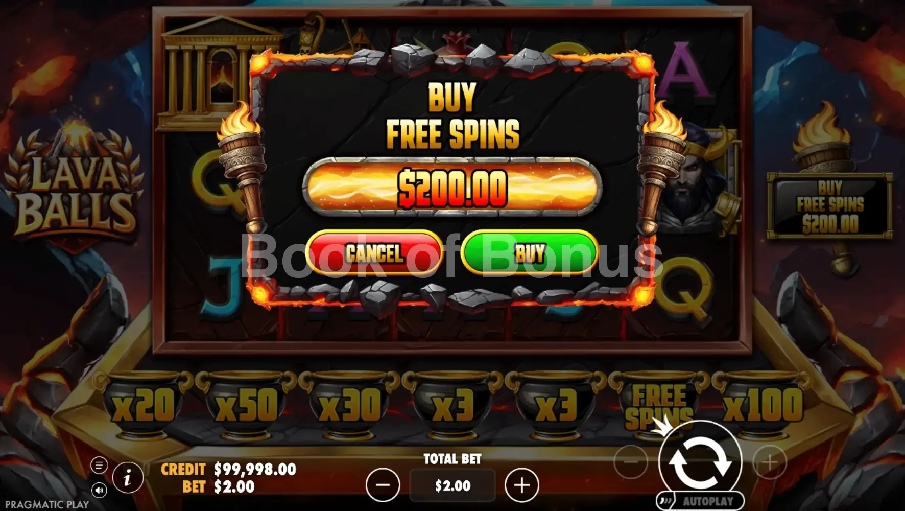 Lava Balls par Pragmatic Play - menu d'achat de bonus et options