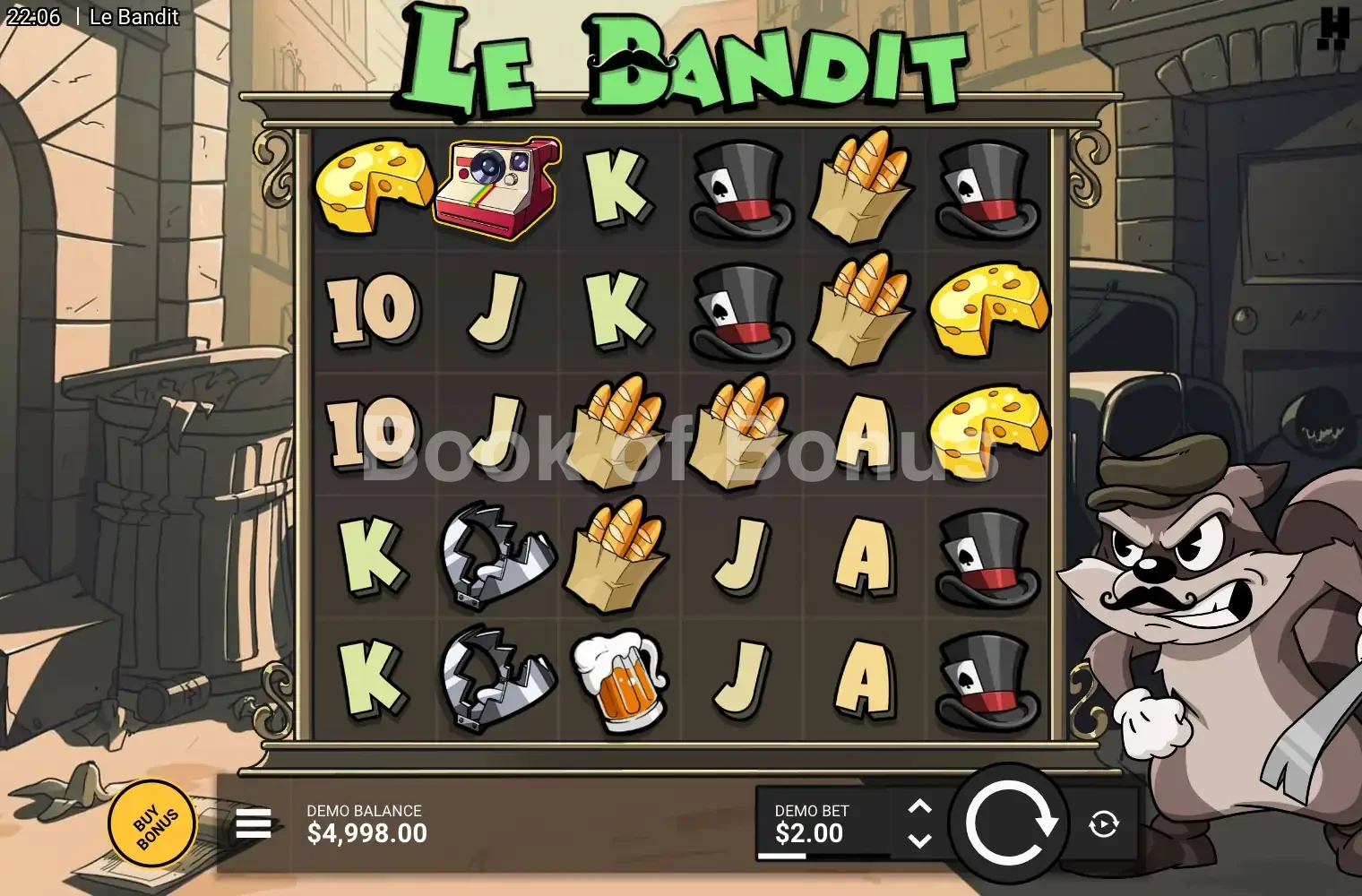 Le Bandit par Hacksaw Gaming - jeu de base et disposition des rouleaux