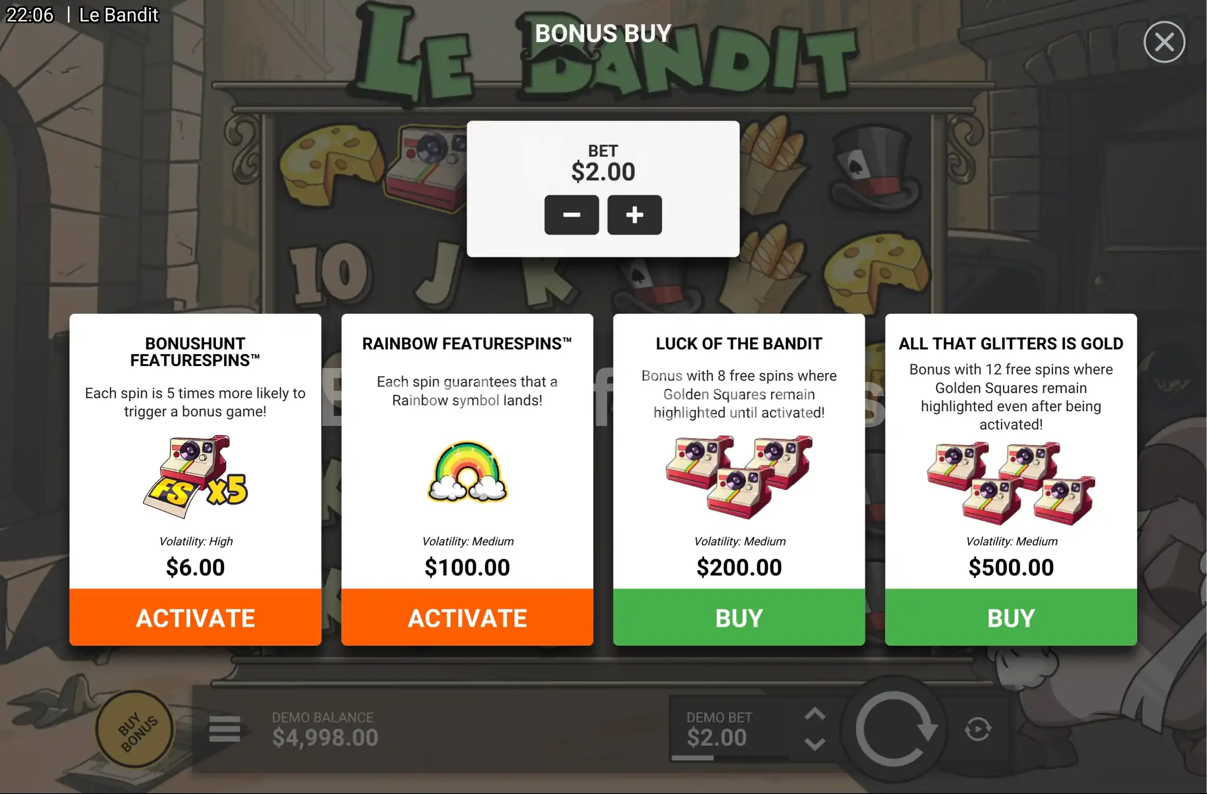 Le Bandit par Hacksaw Gaming - menu d'achat de bonus et options