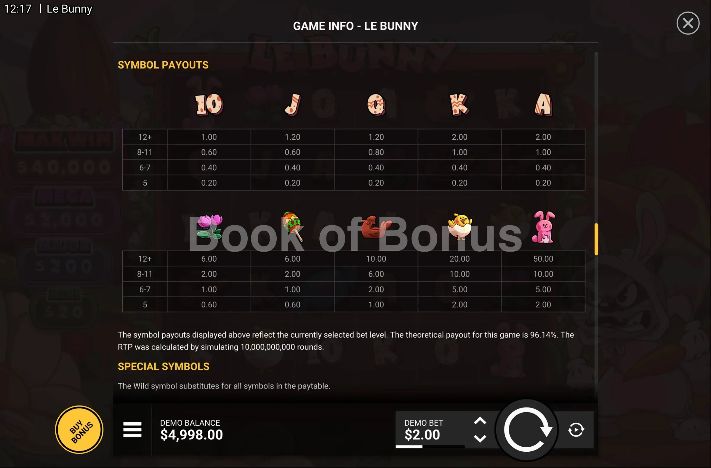 Le Bunny par Hacksaw Gaming - table des gains et valeurs des symboles