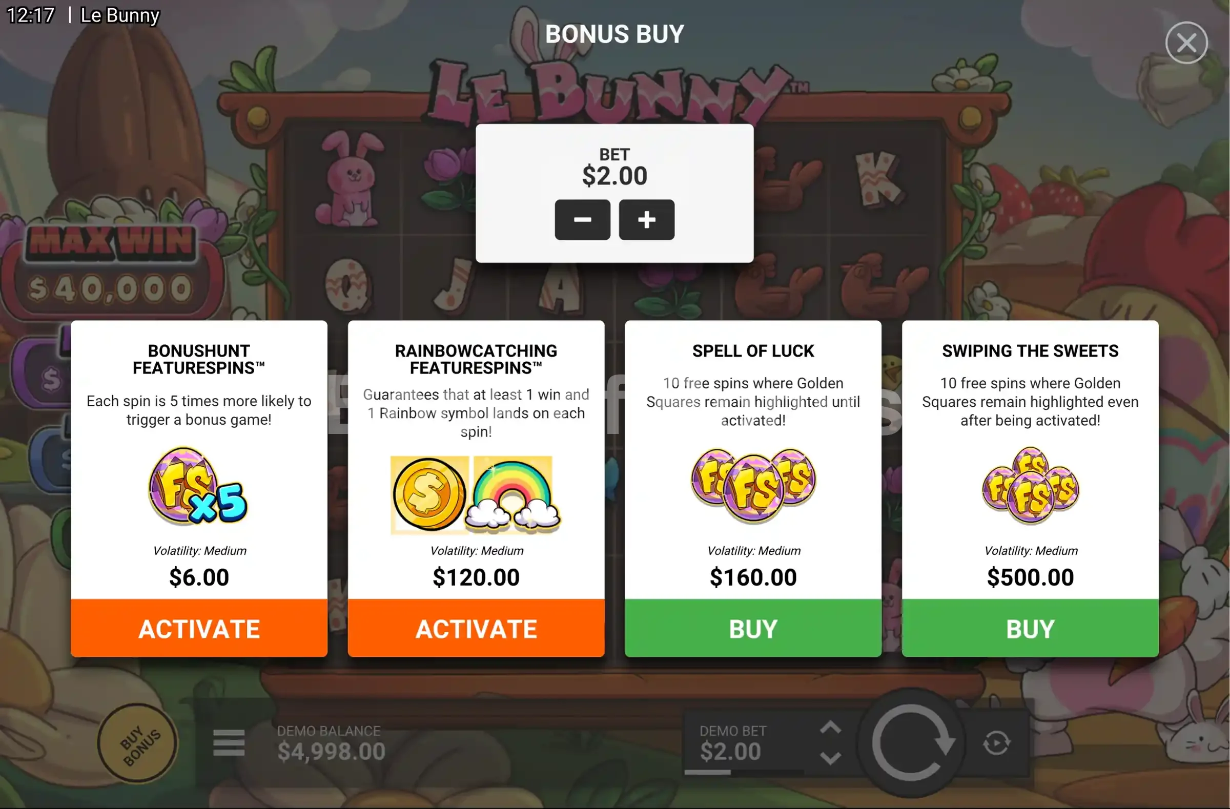Le Bunny par Hacksaw Gaming - menu d'achat de bonus et options