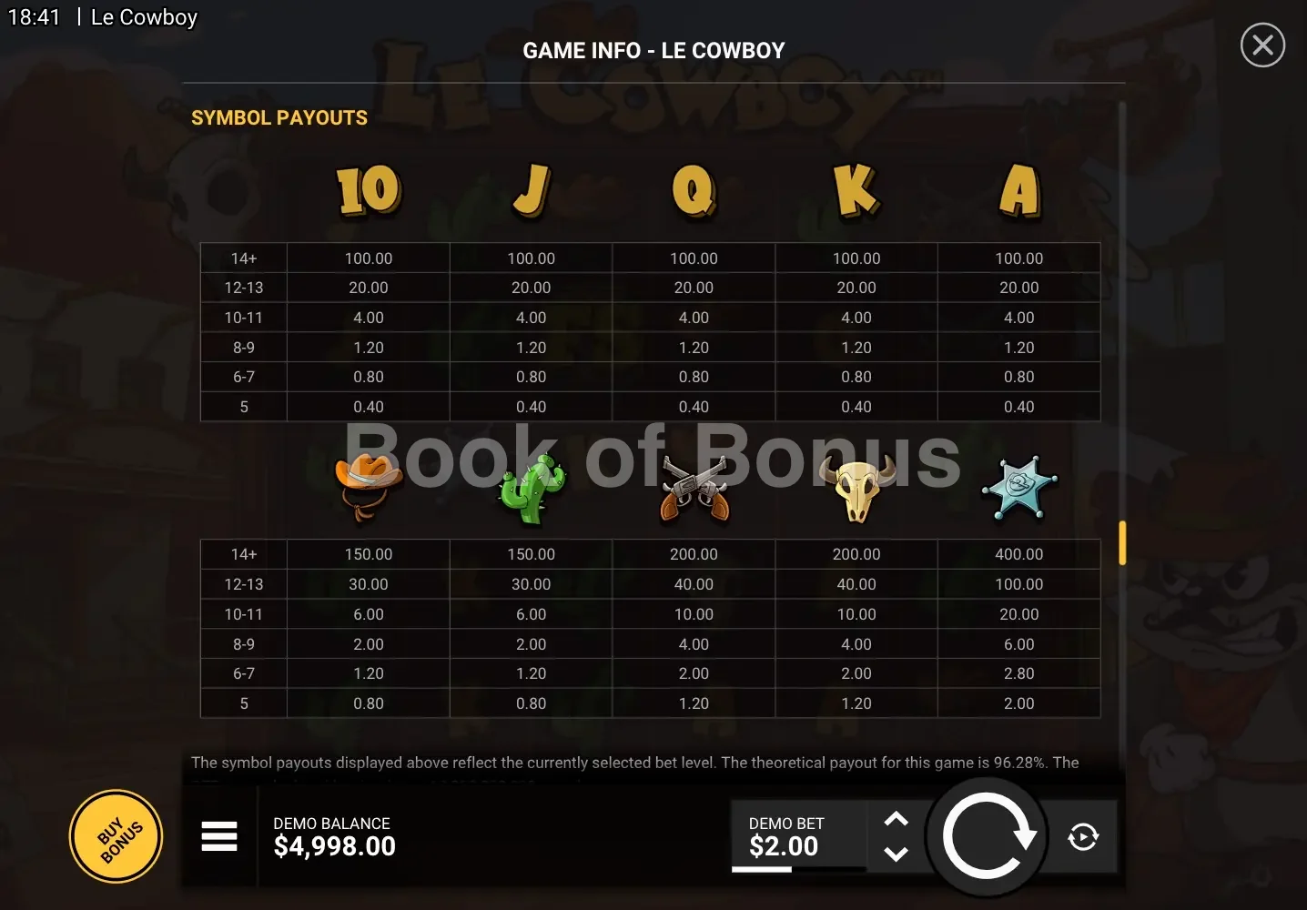 Tableau des gains Le Cowboy