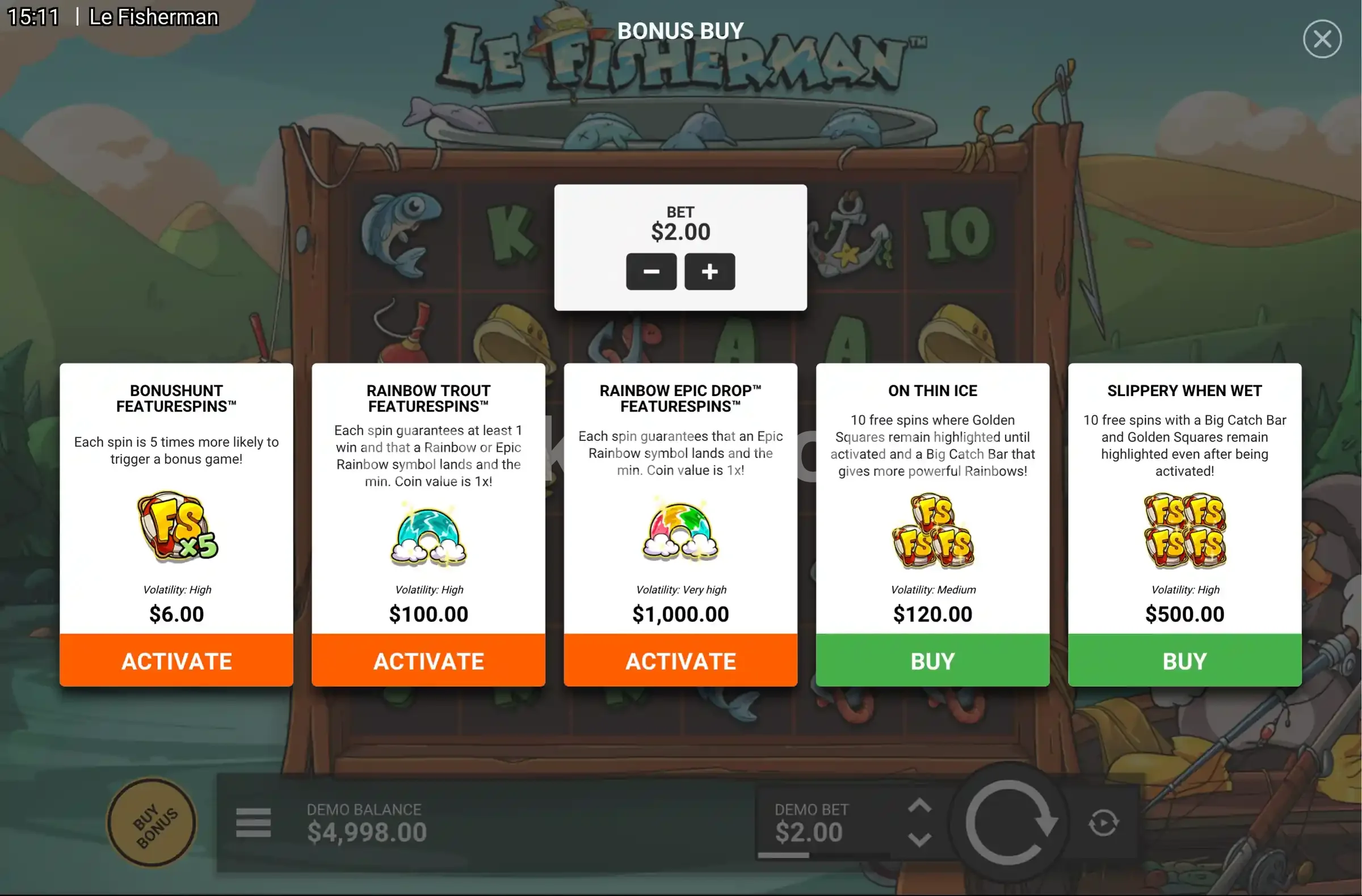 Le Fisherman par Hacksaw Gaming - menu d'achat de bonus et options