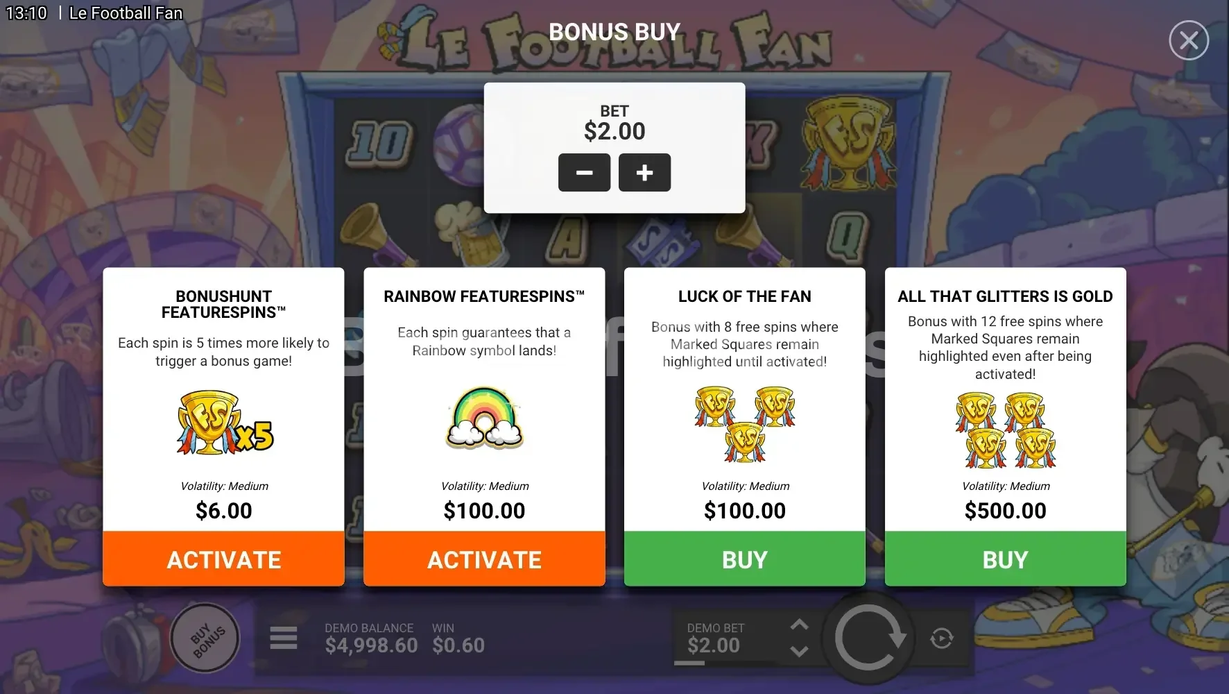 Le Football Fan par Hacksaw Gaming - menu d'achat de bonus et options