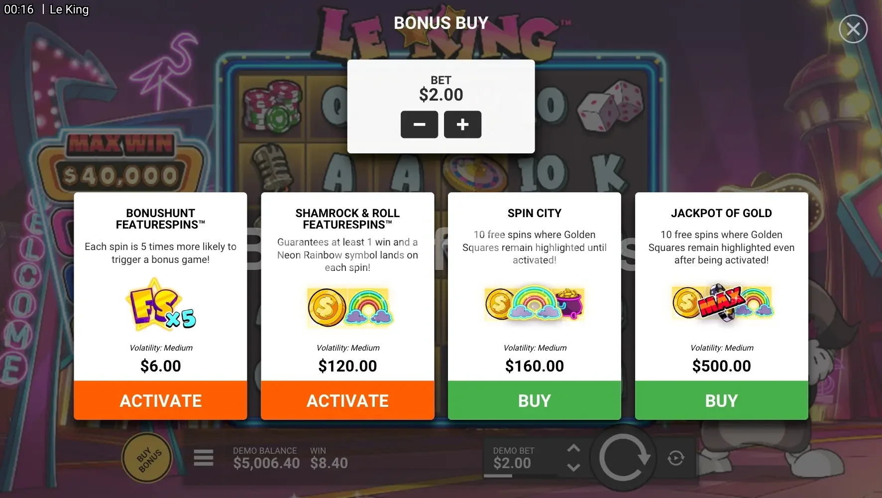 Le King par Hacksaw Gaming - menu d'achat de bonus et options