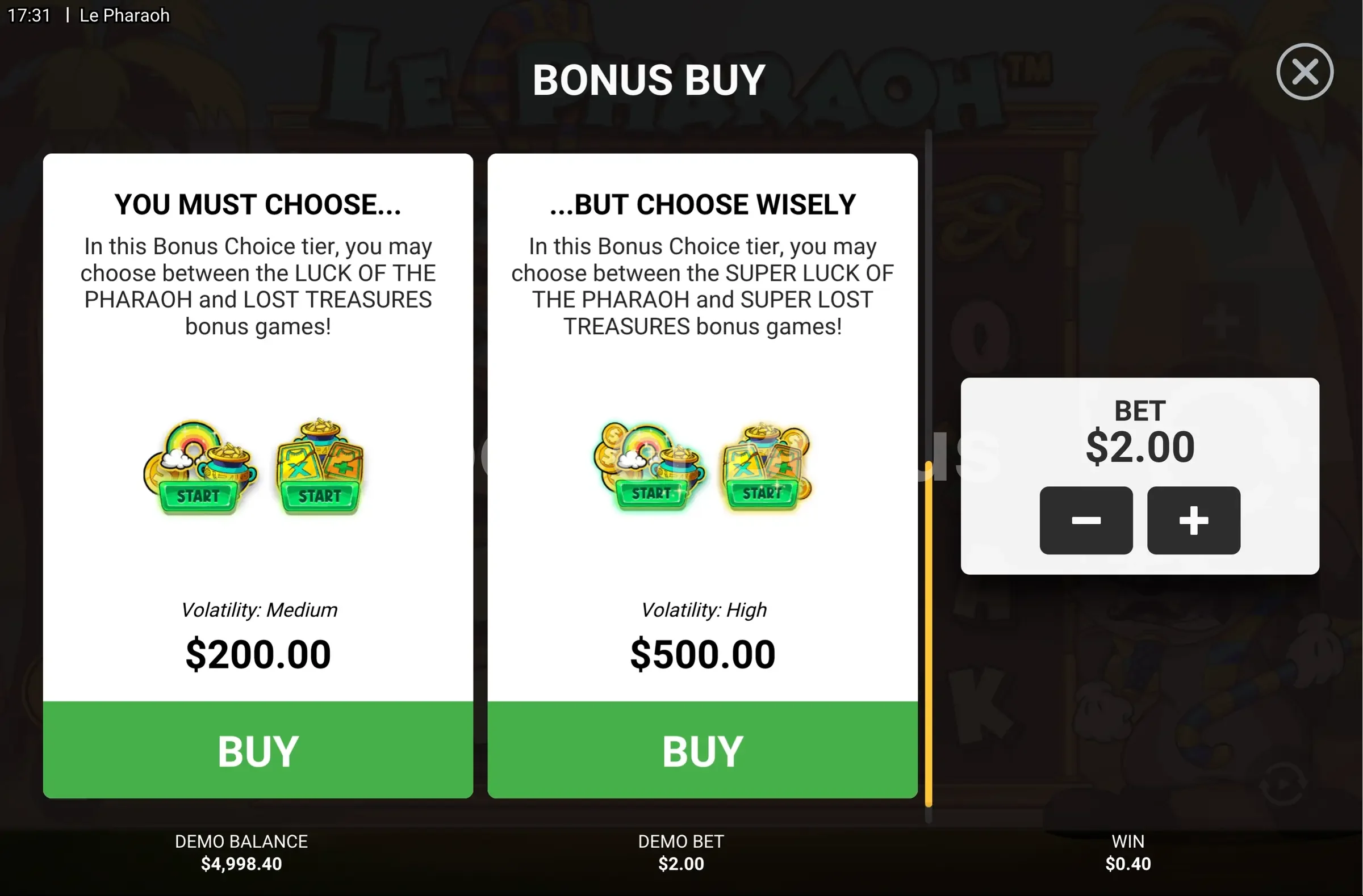 Le Pharaoh par Hacksaw Gaming - menu d'achat de bonus et options