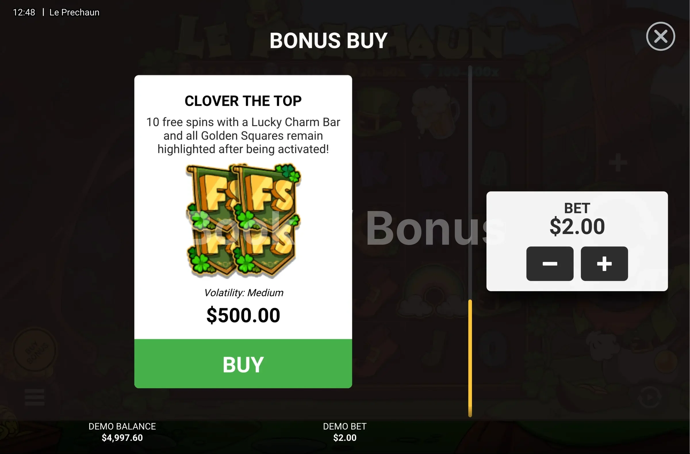 Le Prechaun par Hacksaw Gaming - menu d'achat de bonus et options