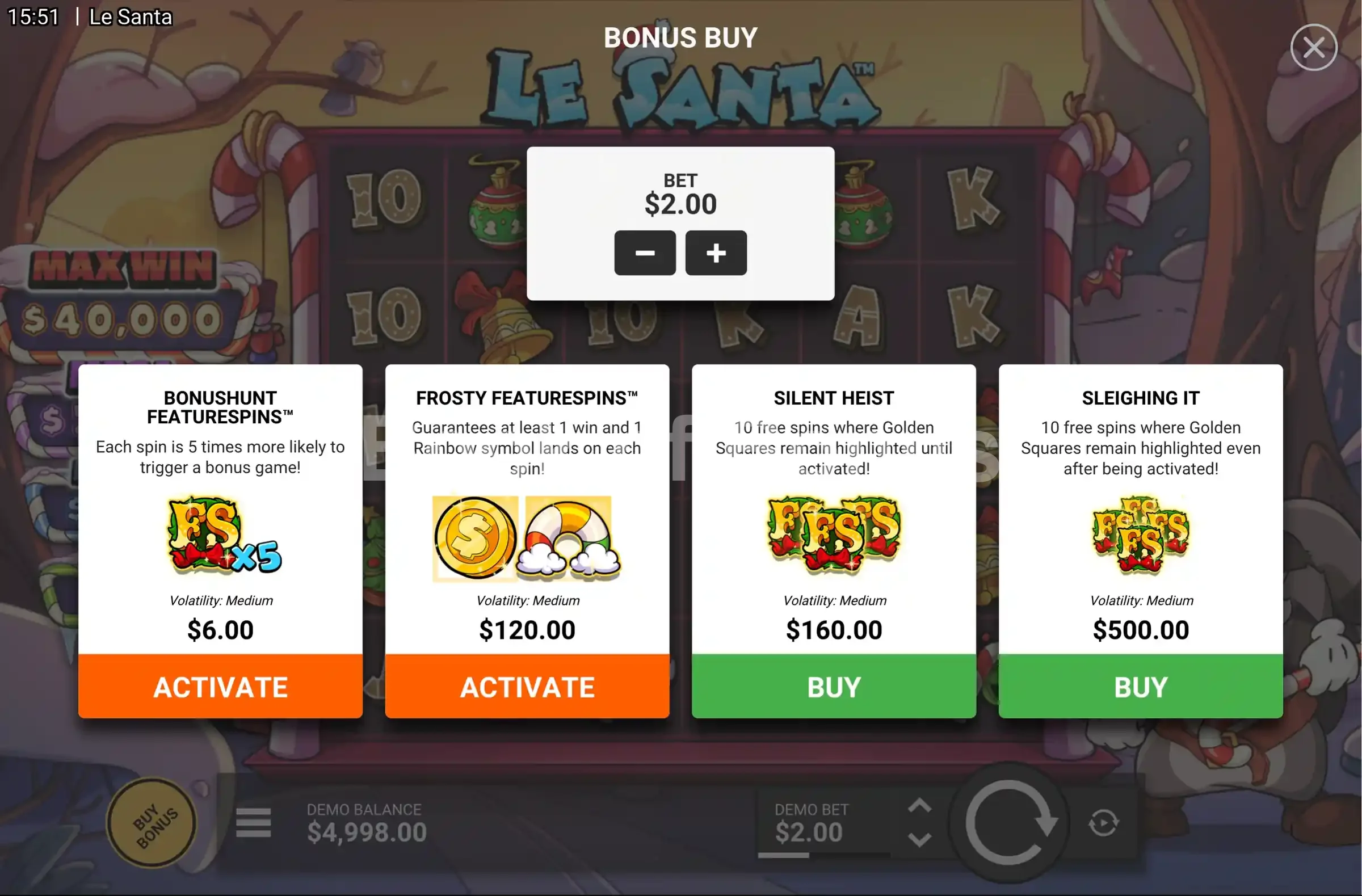 Le Santa par Hacksaw Gaming - menu d'achat de bonus et options