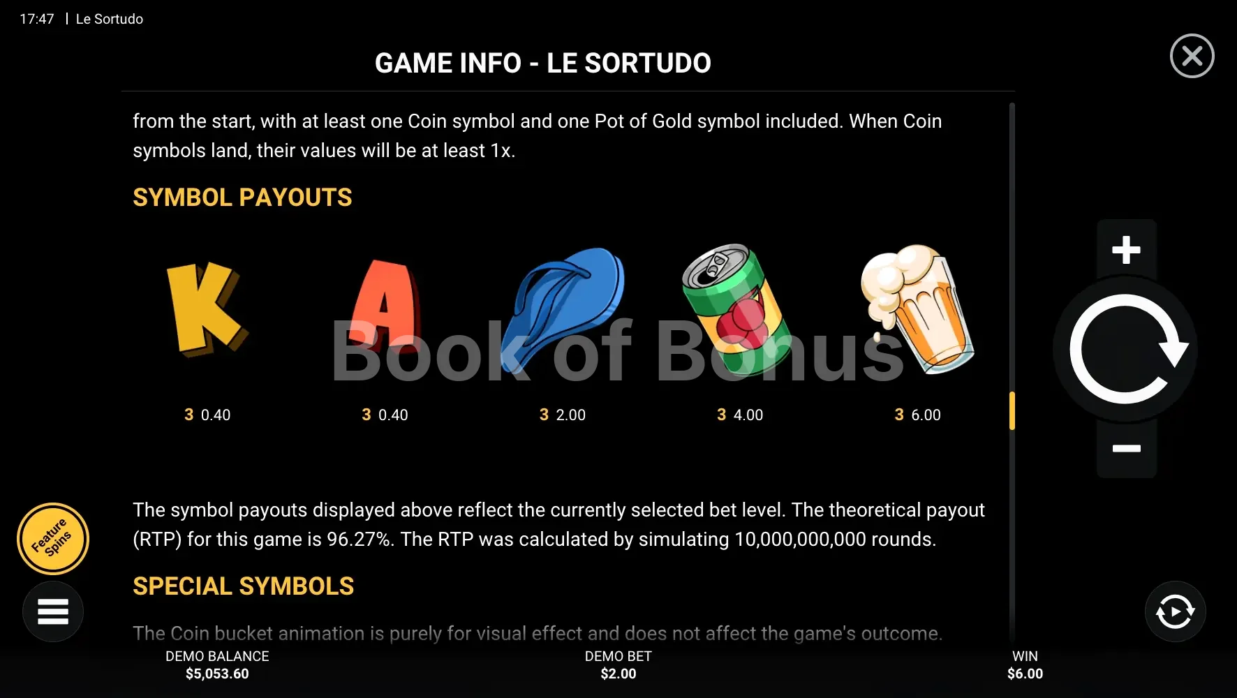 Le Sortudo par Hacksaw Gaming - table des gains et valeurs des symboles