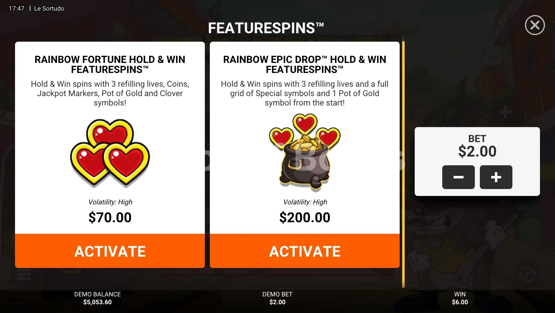 Le Sortudo par Hacksaw Gaming - menu d'achat de bonus et options
