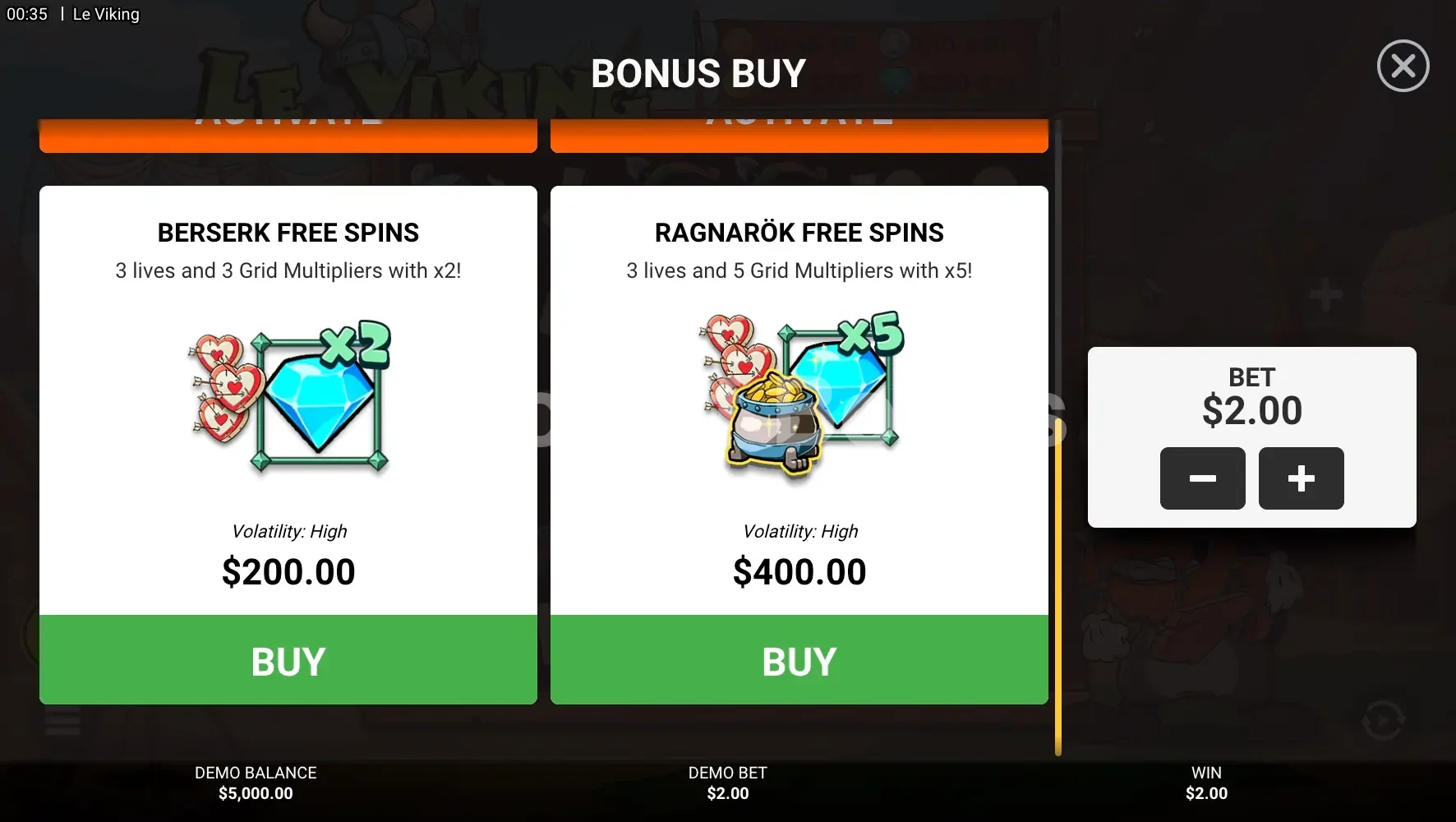 Le Viking par Hacksaw Gaming - menu d'achat de bonus et options