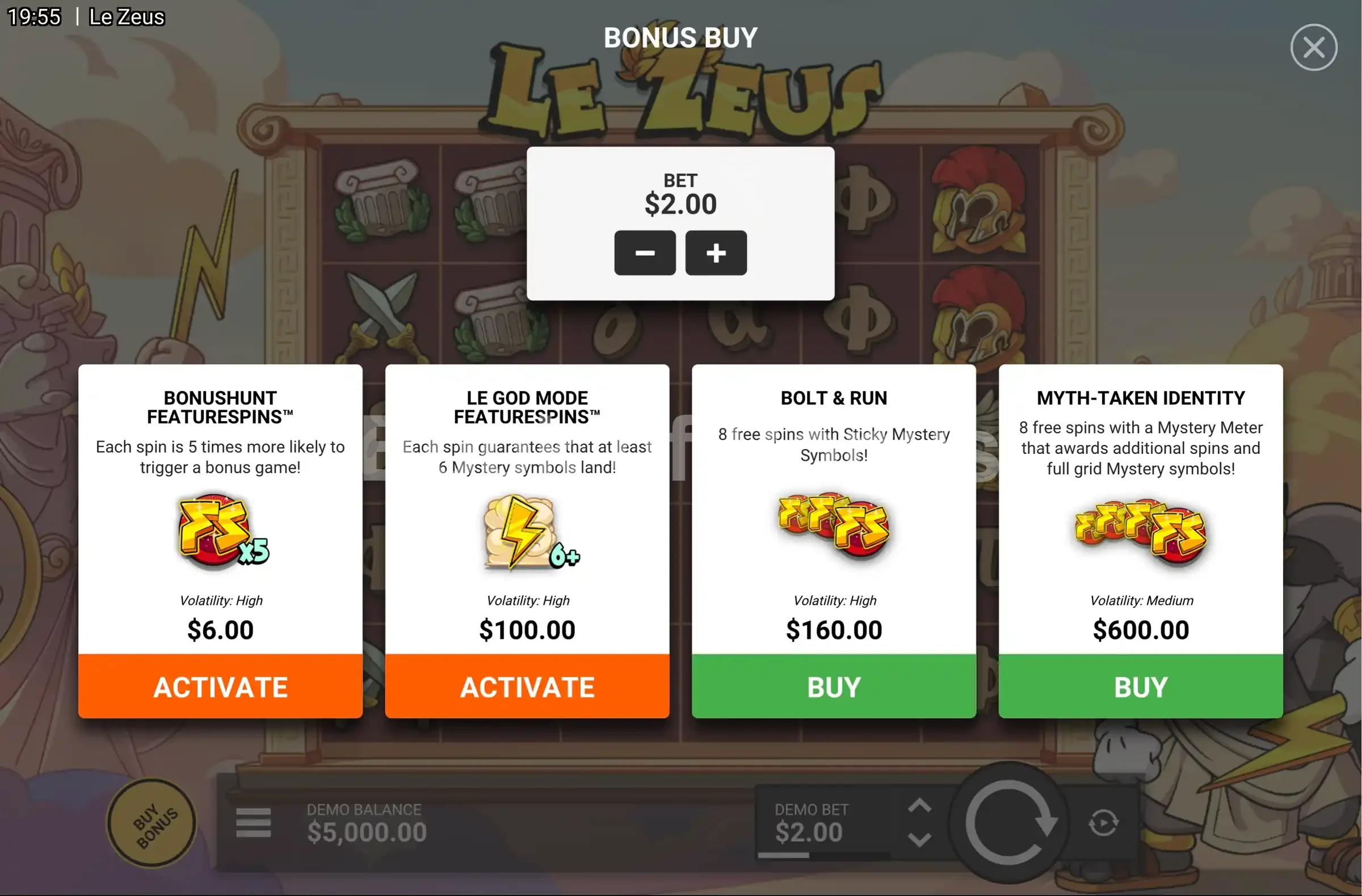 Le Zeus par Hacksaw Gaming - menu d'achat de bonus et options