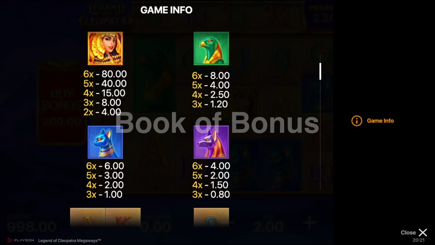 Legend of Cleopatra Megaways par Playson - table des gains et valeurs des symboles