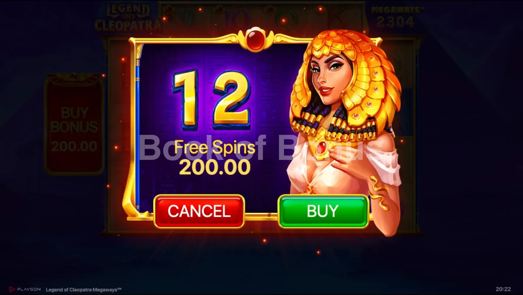 Legend of Cleopatra Megaways par Playson - menu d'achat de bonus et options
