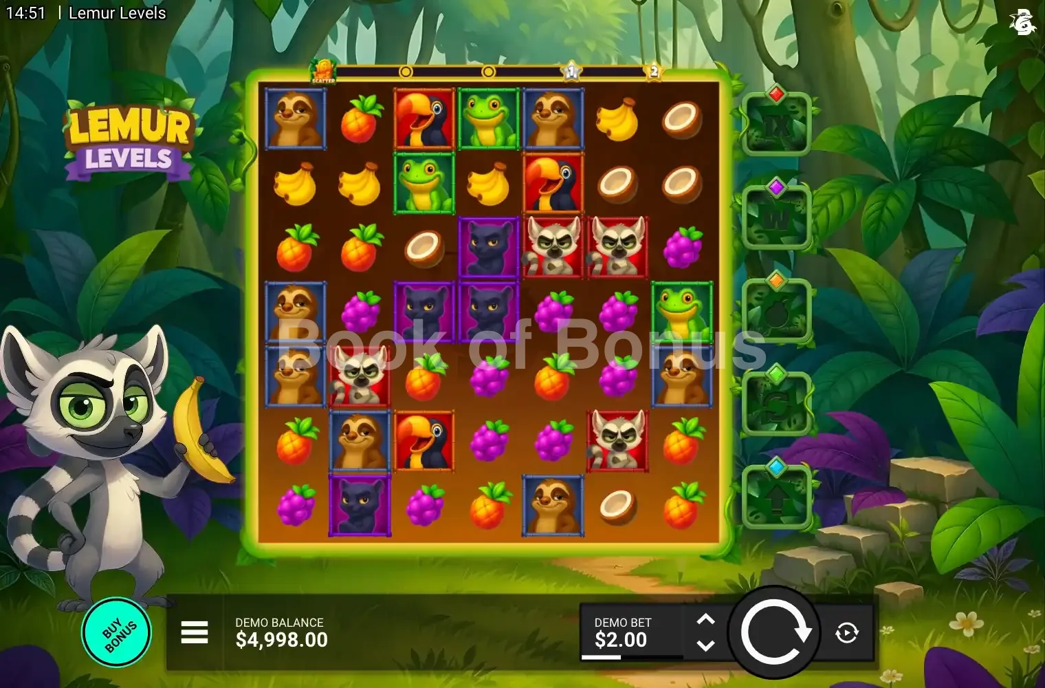 Lemur Levels par Hacksaw Gaming - jeu de base et disposition des rouleaux